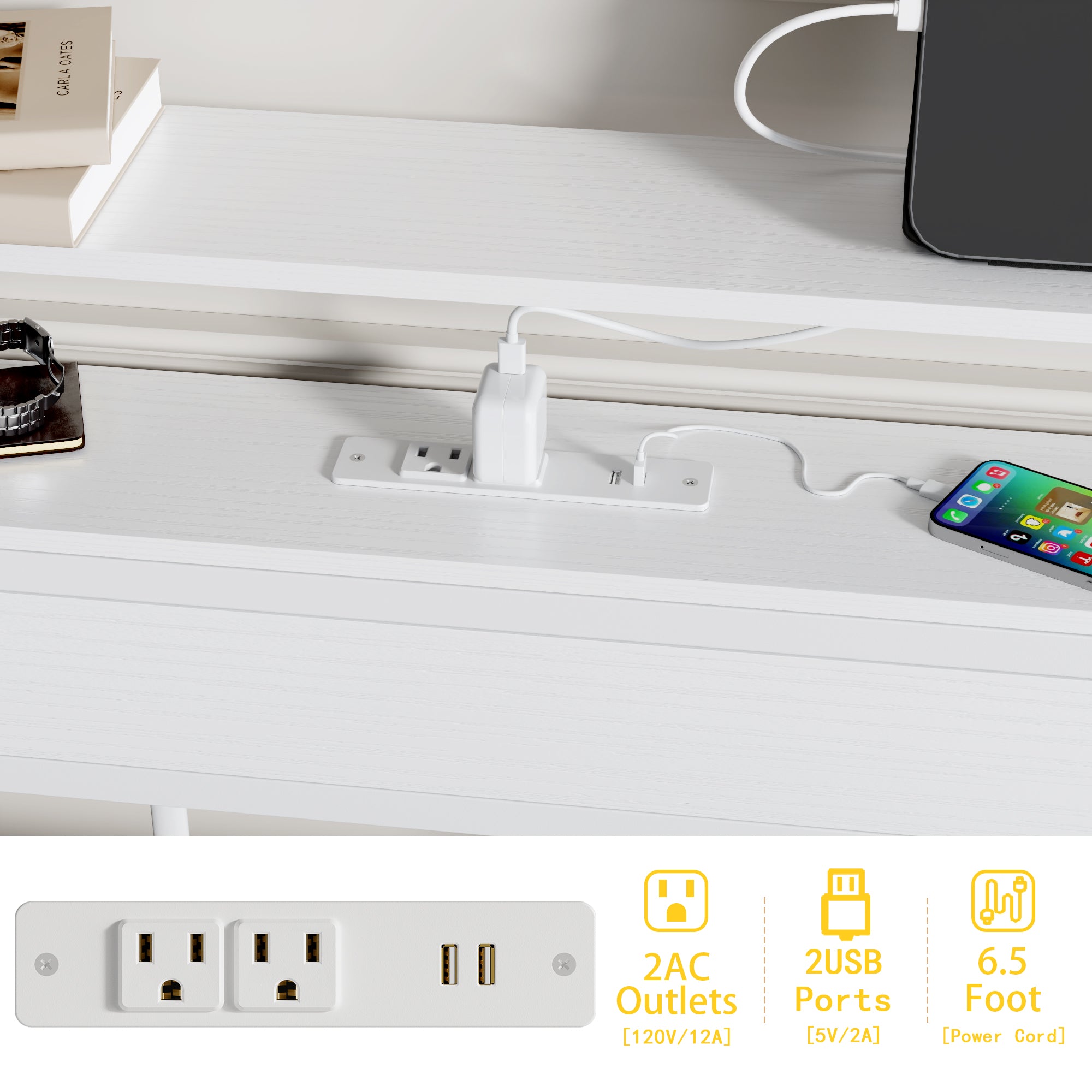 White Full Size Bed Frame LED Lights Storage Headboard Power Strip Charging Station Metal Platform Gaming Bed No Box Spring Needed Noise Free Teen