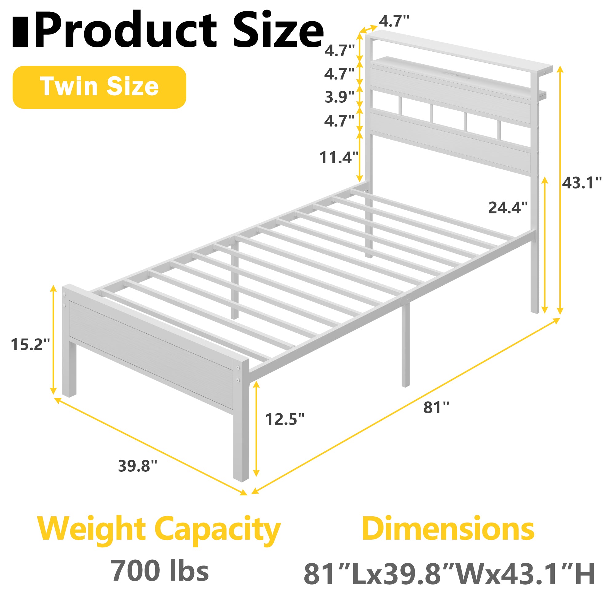 Modern White Twin Bed Frame with Charging Station LED Lights Storage Shelves Headboard Metal Platform No Box Spring Needed Kids Teen Dorm
