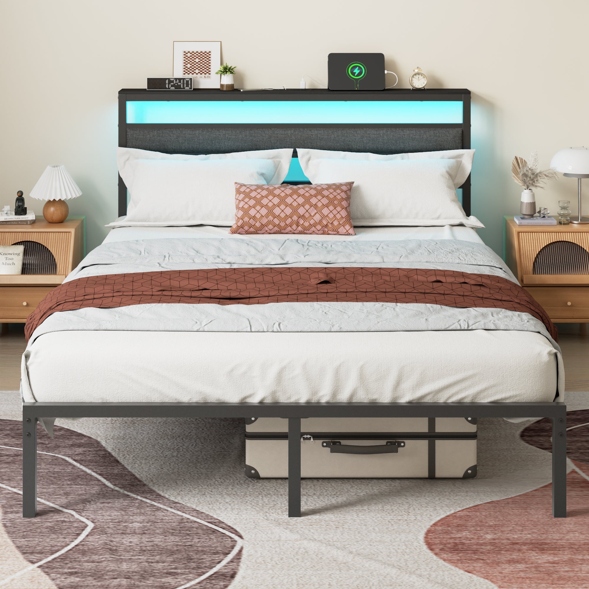 Queen size Bed Frame with Led Lights and Charging Station Frame with Headboard and Under Bed Storage Black Metal Platform Bedframe and Storage Shelf