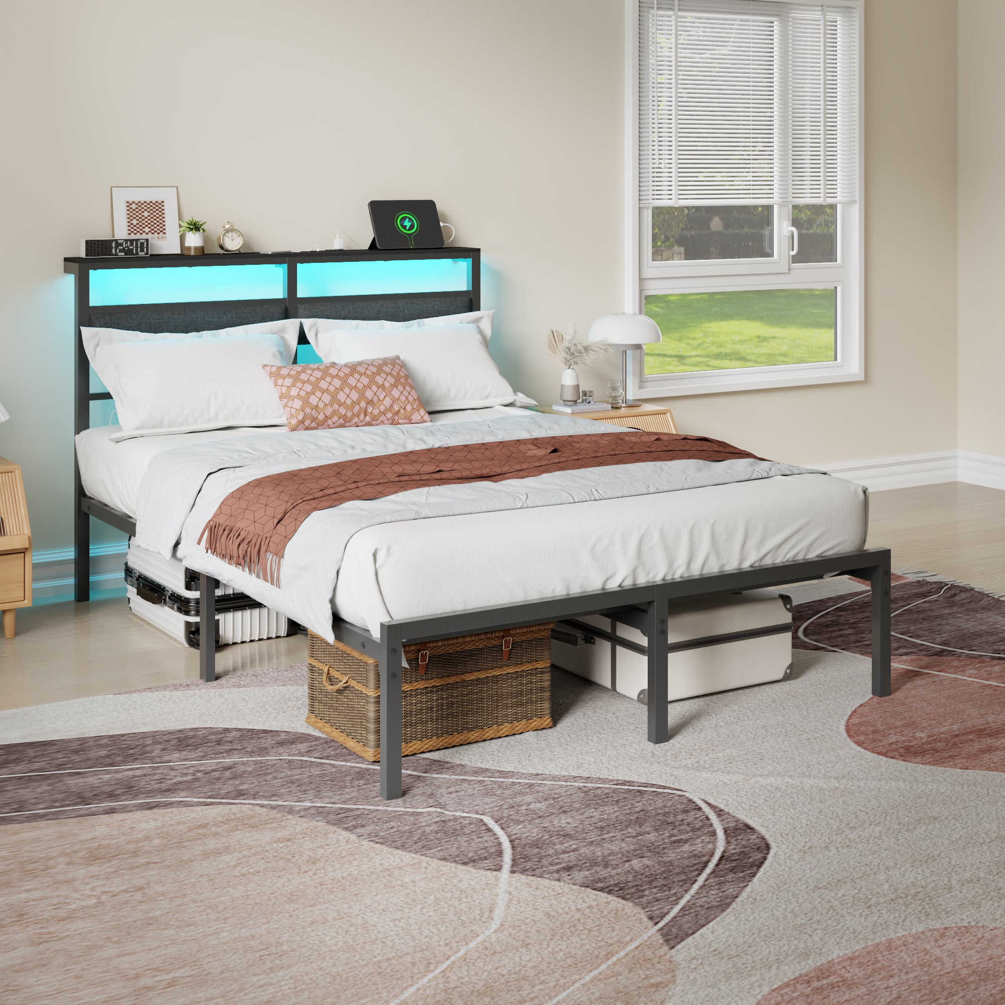 Full Size Bed Frame with LED Lights Charging Station Storage Headboard Black Metal Platform Bed No Box Spring Needed Noise Free Modern Bedroom