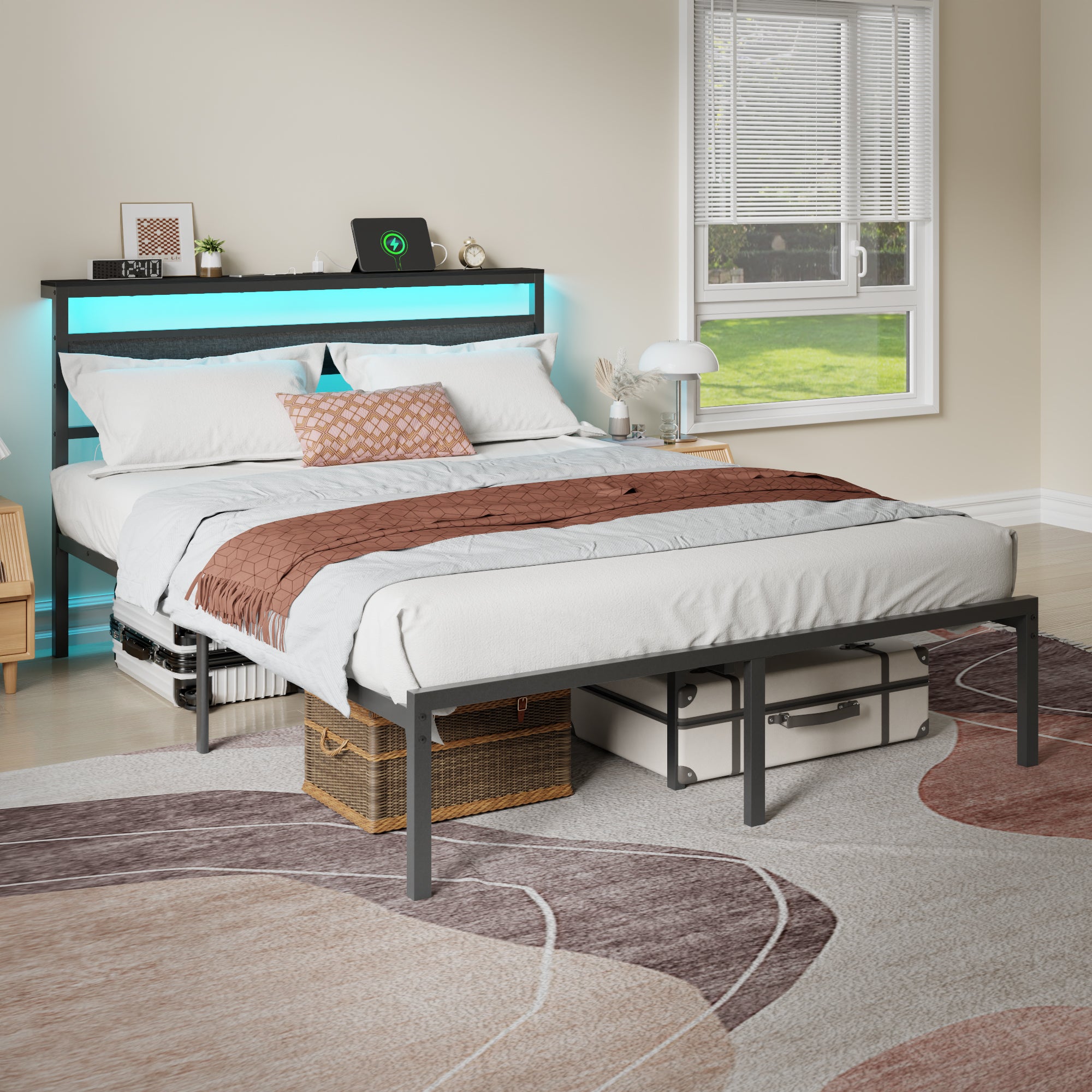 Queen Bed Frame with Led Lights and Charging Station Bed Frame with Headboard and Under Bed Storage Metal Platform Bedframe and Storage Shelf
