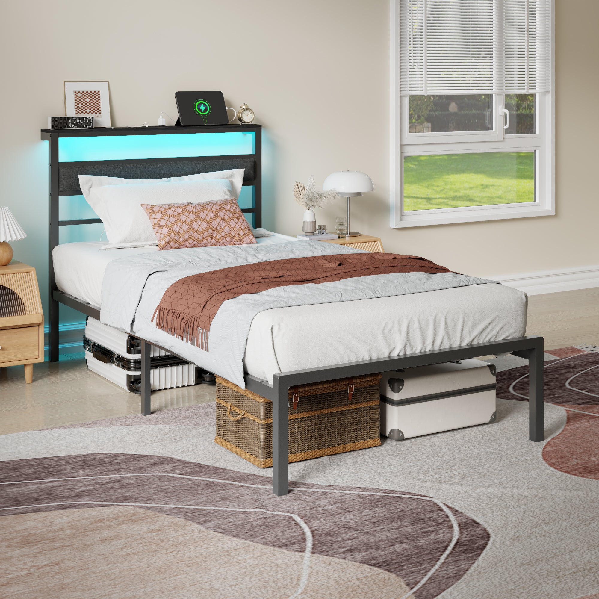 Twin Bed Frame with LED Light and Charging Station Metal Frame with Upholstered Headboard Large Storage Space No Box Spring Needed