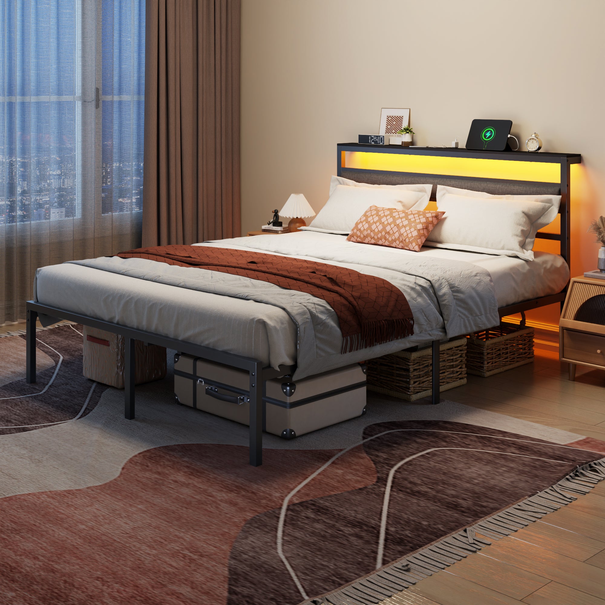 Queen Size Metal Platform Bed Frame Storage Headboard LED Lights Charging Station USB Ports Black Heavy Duty Support No Box Spring Needed Bedroom