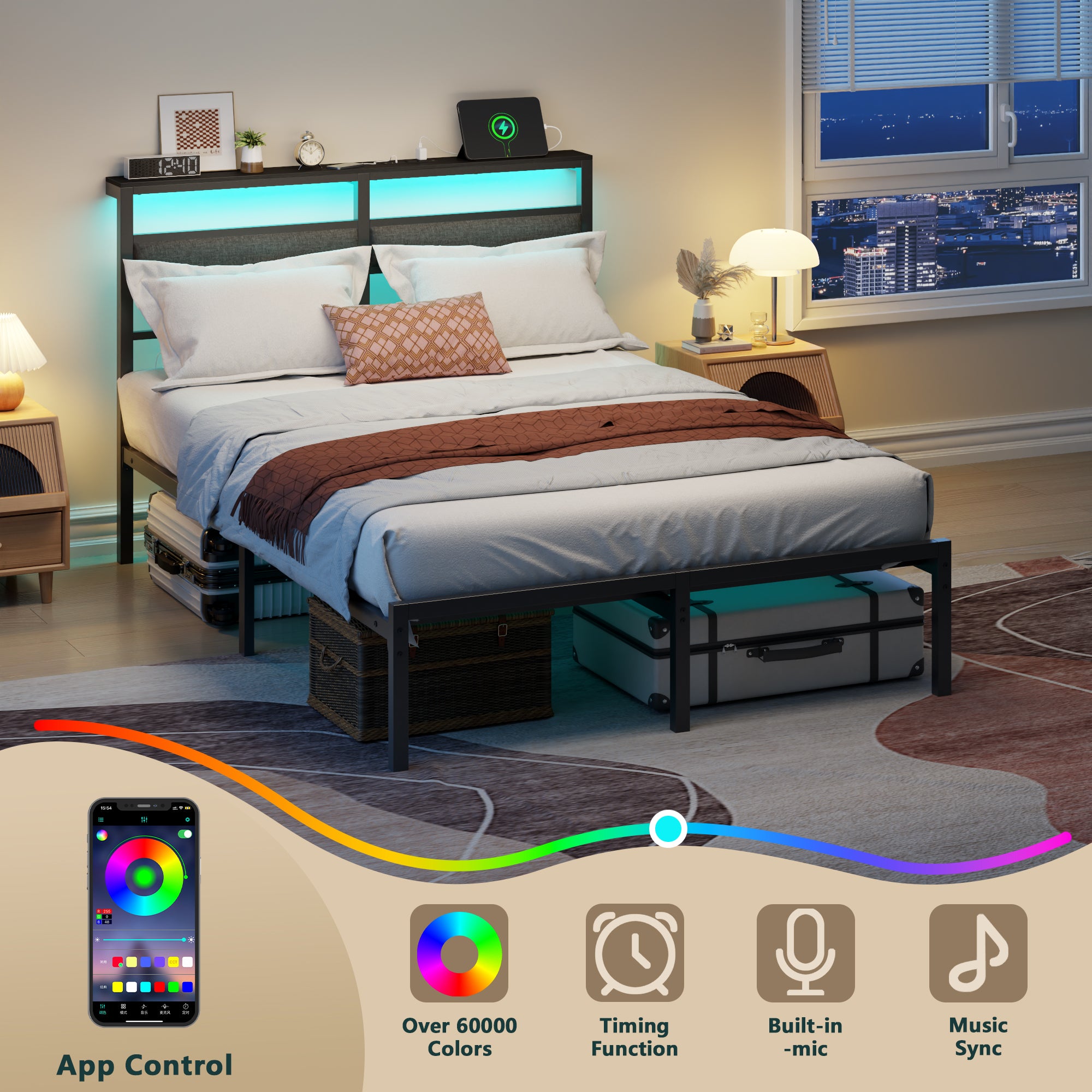 Full Size Bed Frame with LED Lights Charging Station Storage Headboard Black Metal Platform Bed No Box Spring Needed Noise Free Modern Bedroom