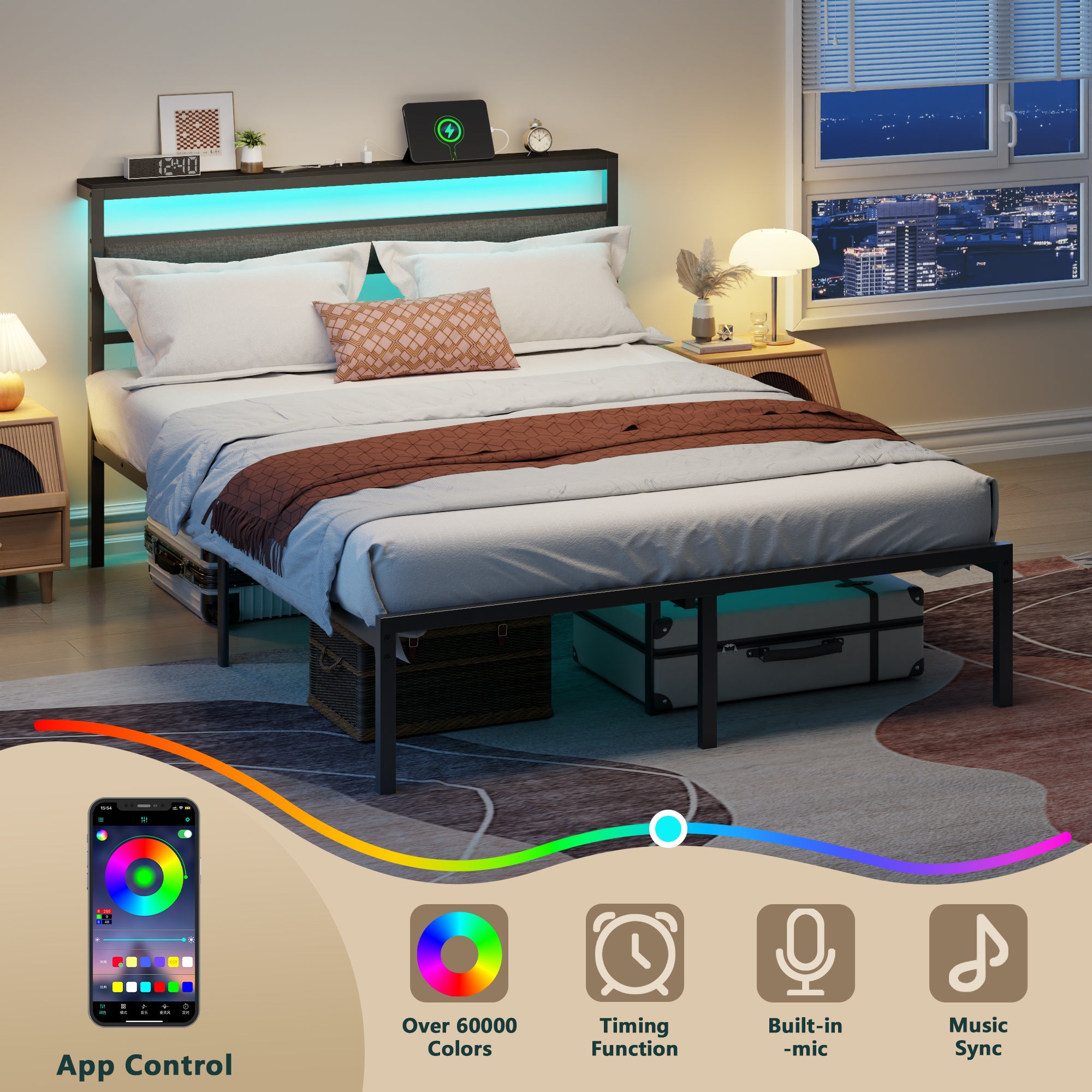 Queen Size Metal Platform Bed Frame Storage Headboard LED Lights Charging Station USB Ports Black Heavy Duty Support No Box Spring Needed Bedroom