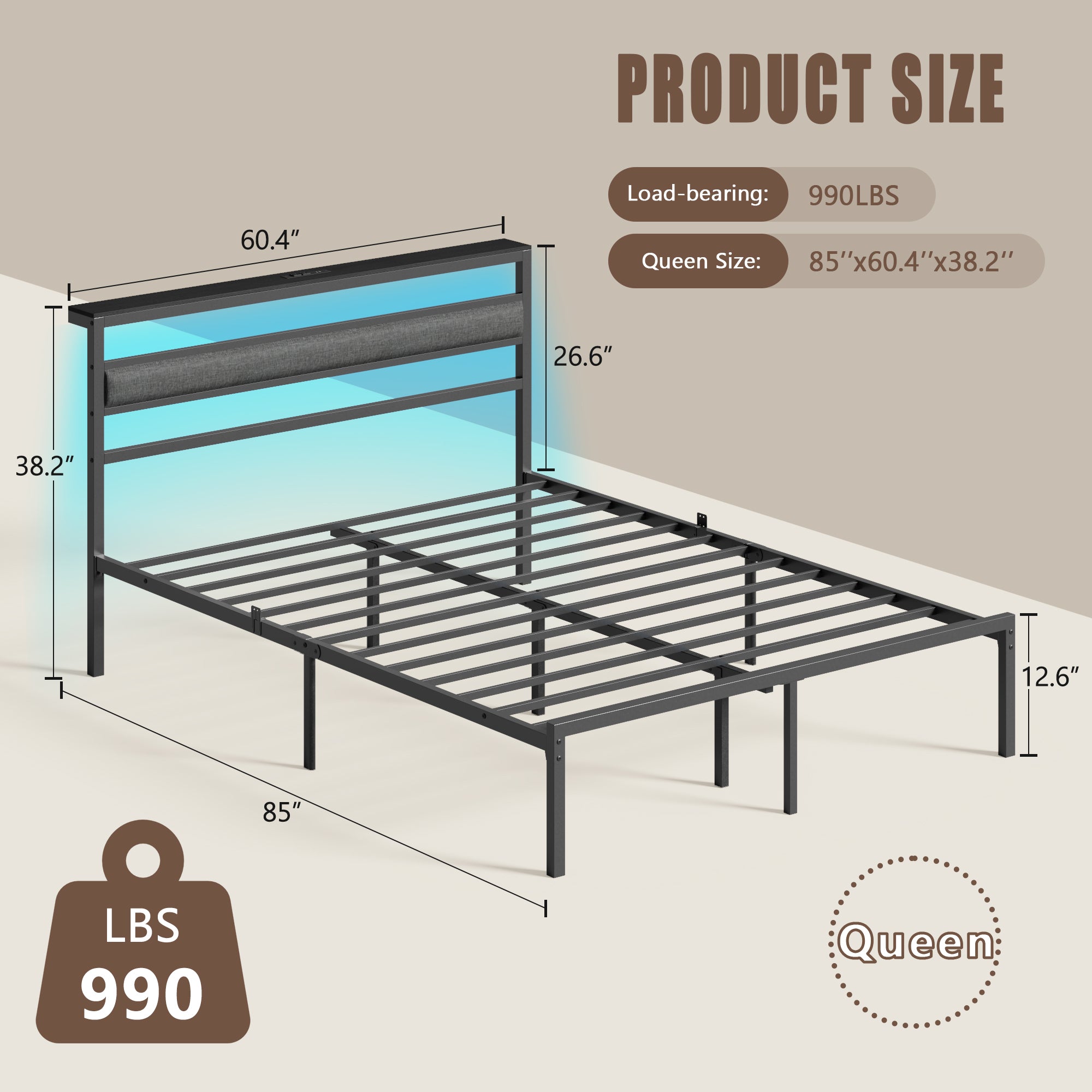 Queen Bed Frame with Led Lights and Charging Station Bed Frame with Headboard and Under Bed Storage Metal Platform Bedframe and Storage Shelf