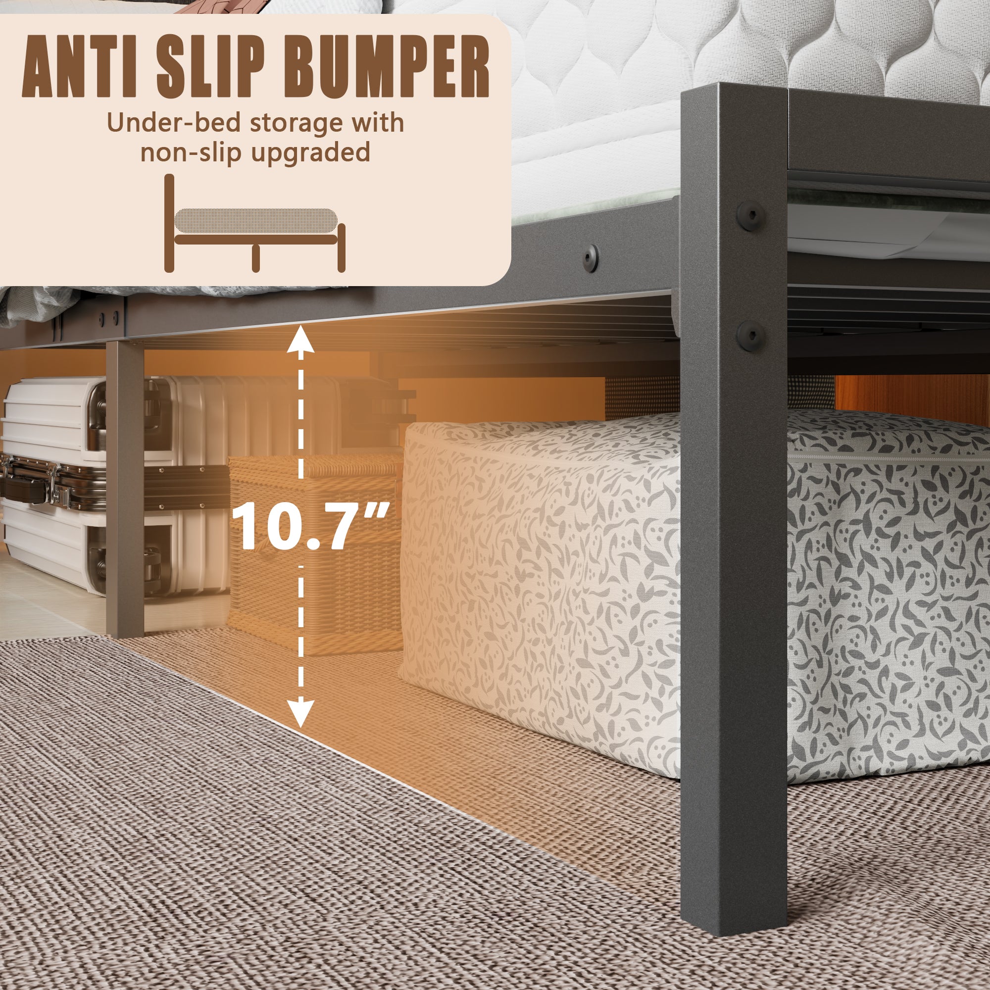 Full Size Bed Frame with Headboard, Bed Frame with LED Light and Charging Station Black Metal Platform Bedframe and Storage Shelf No Box Spring Needed