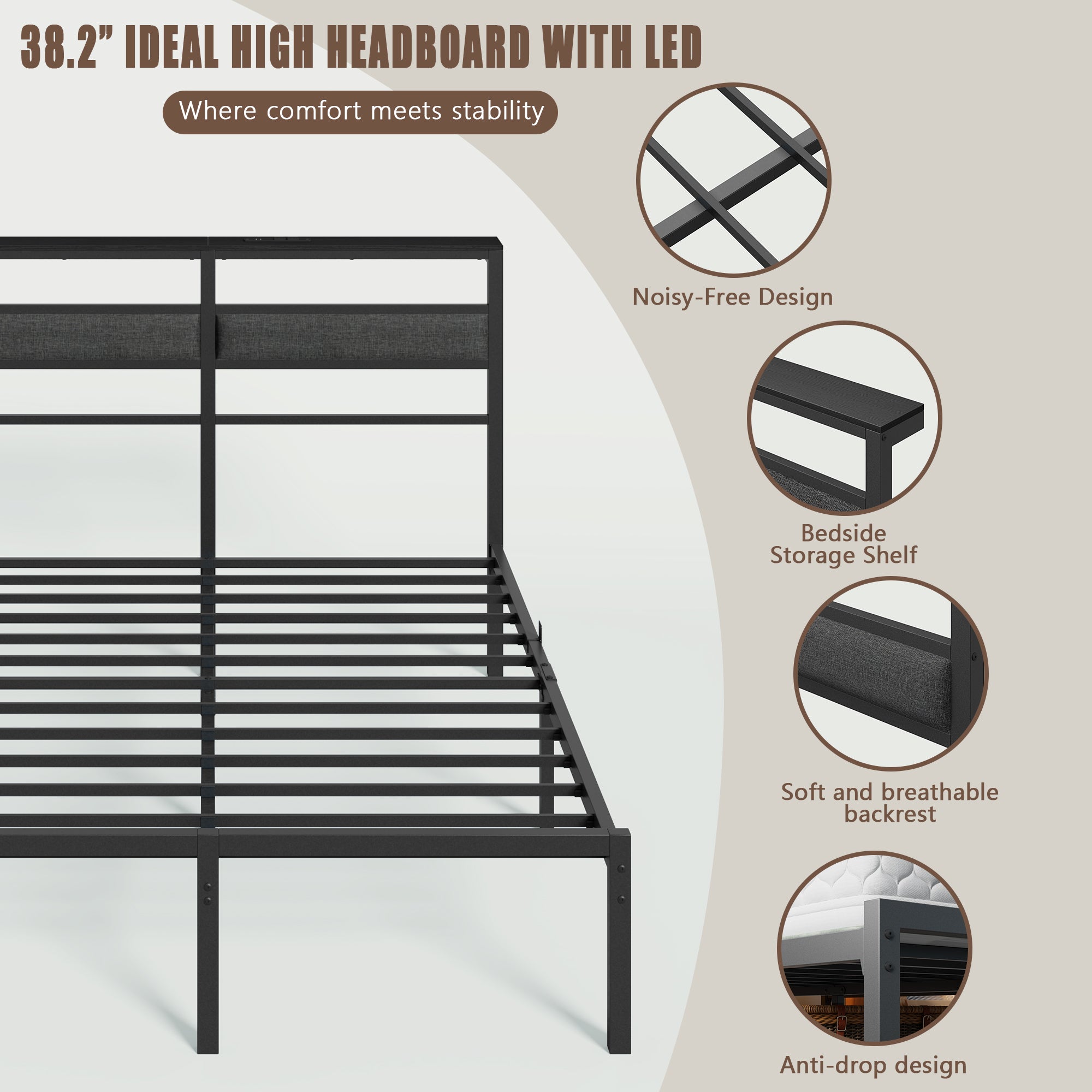 Full Size Bed Frame with LED Lights Charging Station Storage Headboard Black Metal Platform Bed No Box Spring Needed Noise Free Modern Bedroom
