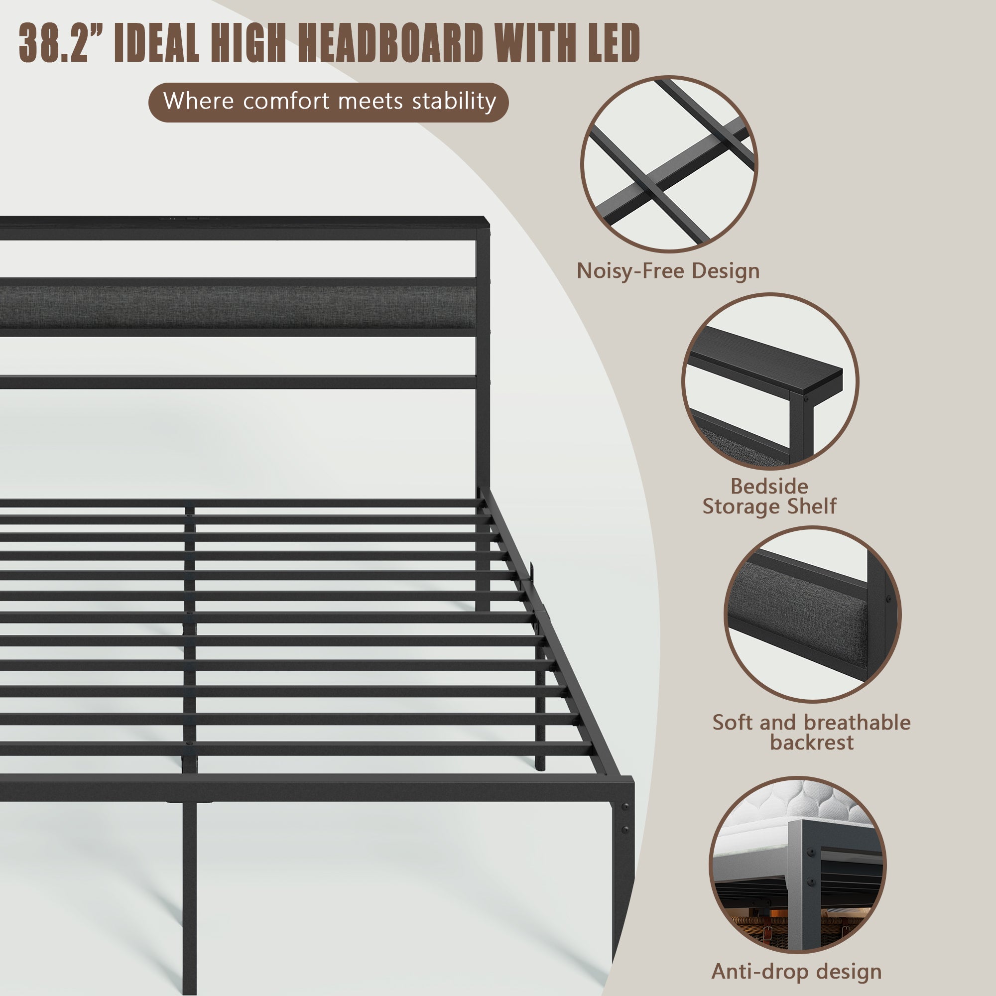 Queen Bed Frame with Led Lights and Charging Station Bed Frame with Headboard and Under Bed Storage Metal Platform Bedframe and Storage Shelf