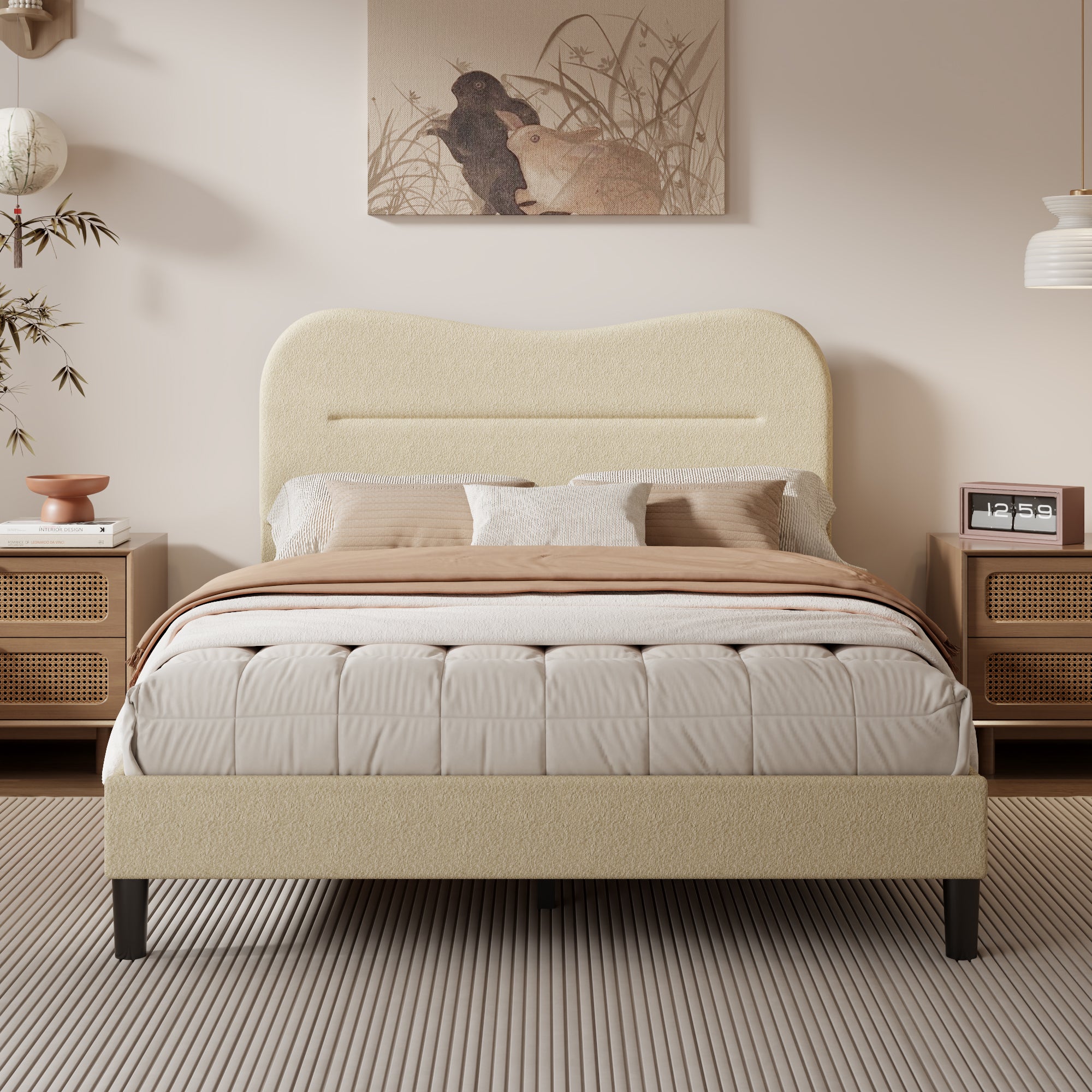 Full Size Bed Frames with Headboard Upholstered Bed Frame Teddy Soft Boucle Fabric bedframes Soft Cloud Marshmallow Shape Upholstered Headboard