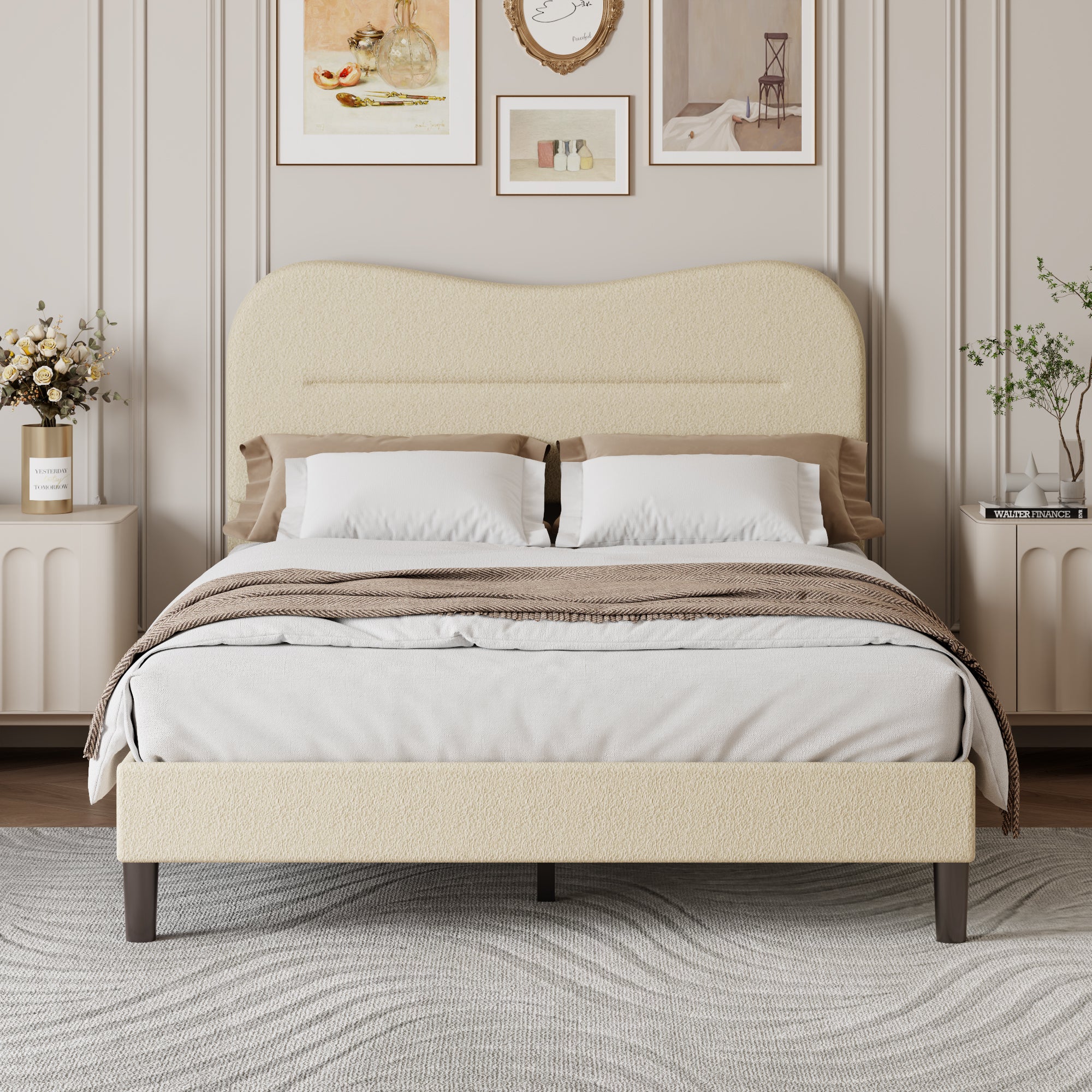 Full Size Upholstered Bed Frame Soft Marshmallow Cloud Headboard Beige Teddy Boucle Fabric Platform Bed Frame No Box Spring Needed Noise Free Design