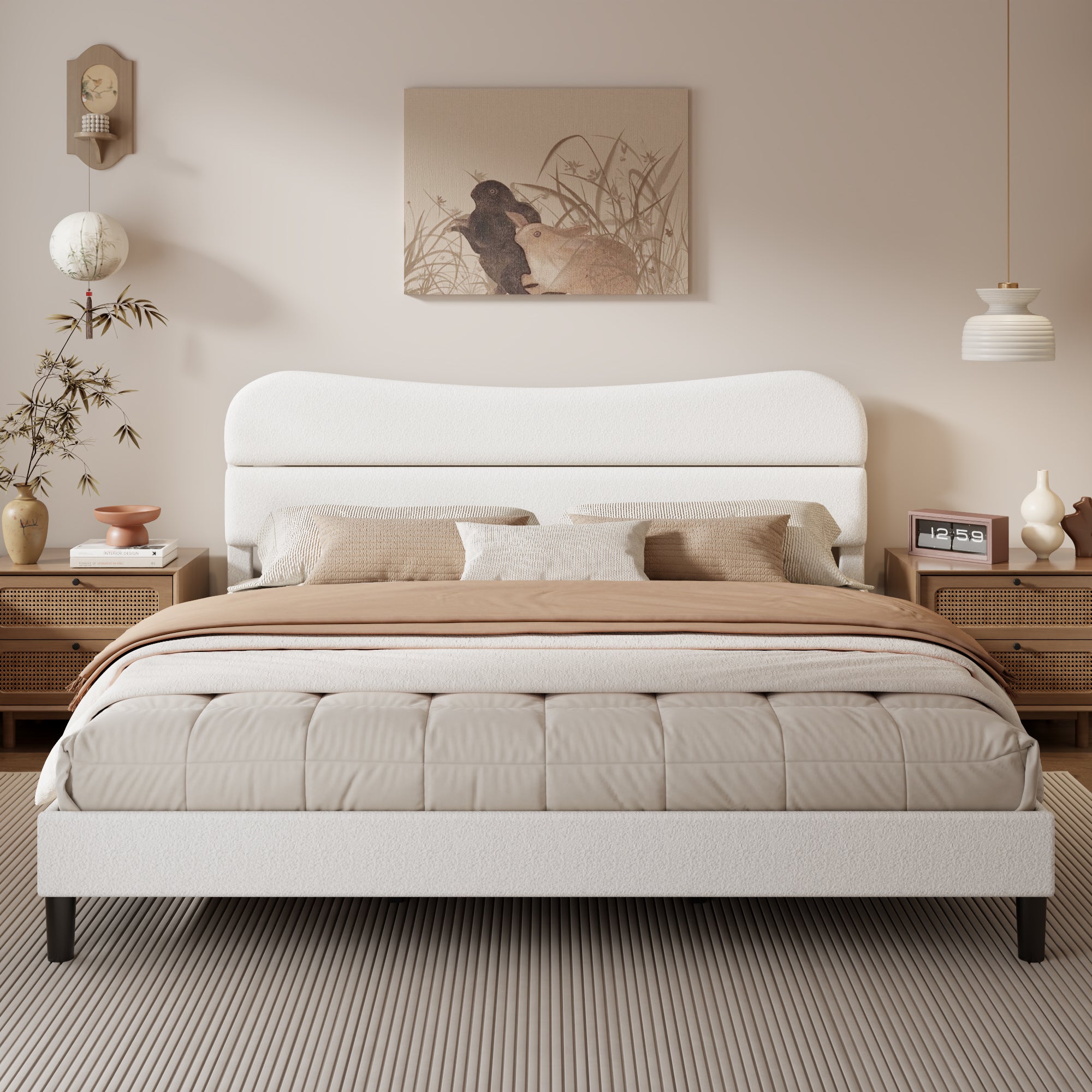 King Bed Frames Upholstered King Bed Frame with Arc Headboard Soft Modern Teddy Fleece Fabric King Size Boucle Bed Frame with No Box Spring Needed