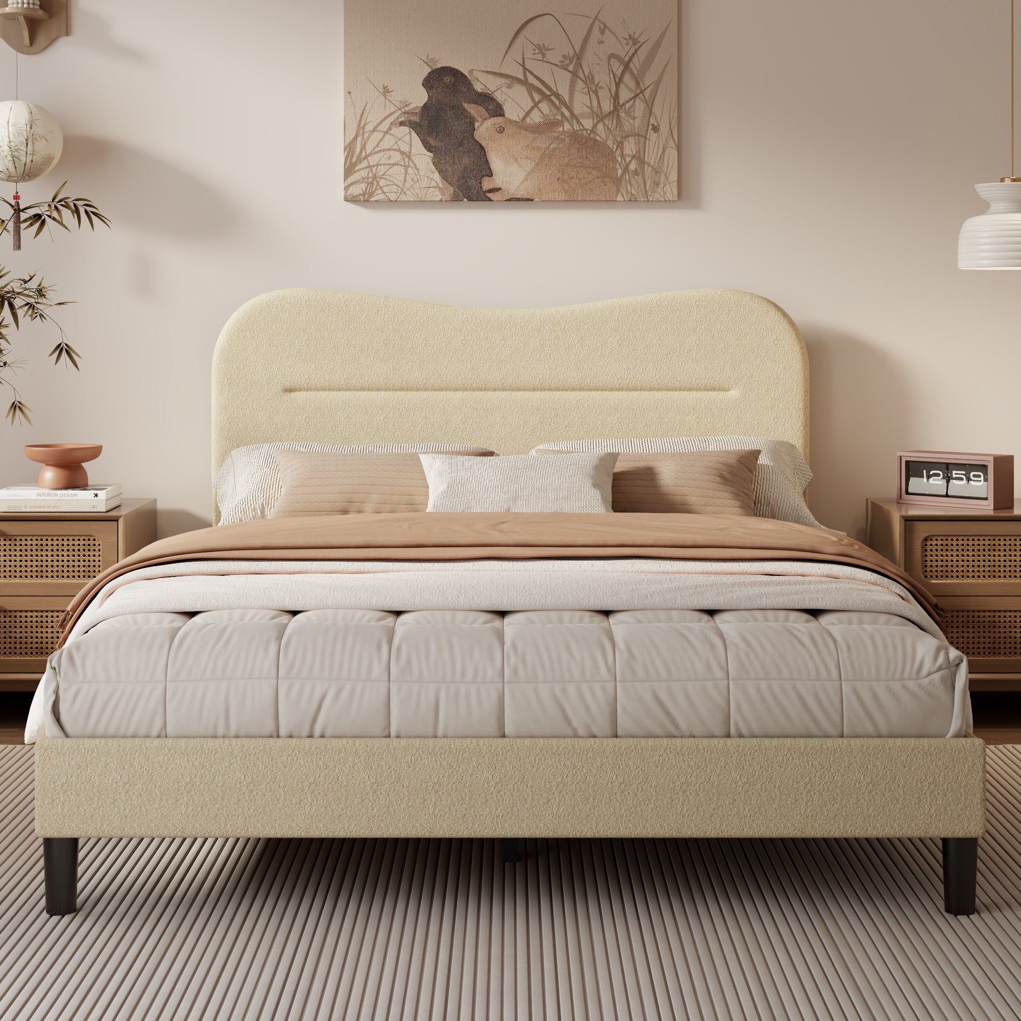 Queen Bed Frames Upholstered Queen Bed Frame with Arc Headboard Soft Modern Teddy Fleece Fabric Queen Size Boucle Bed Frame with No Box Spring Needed