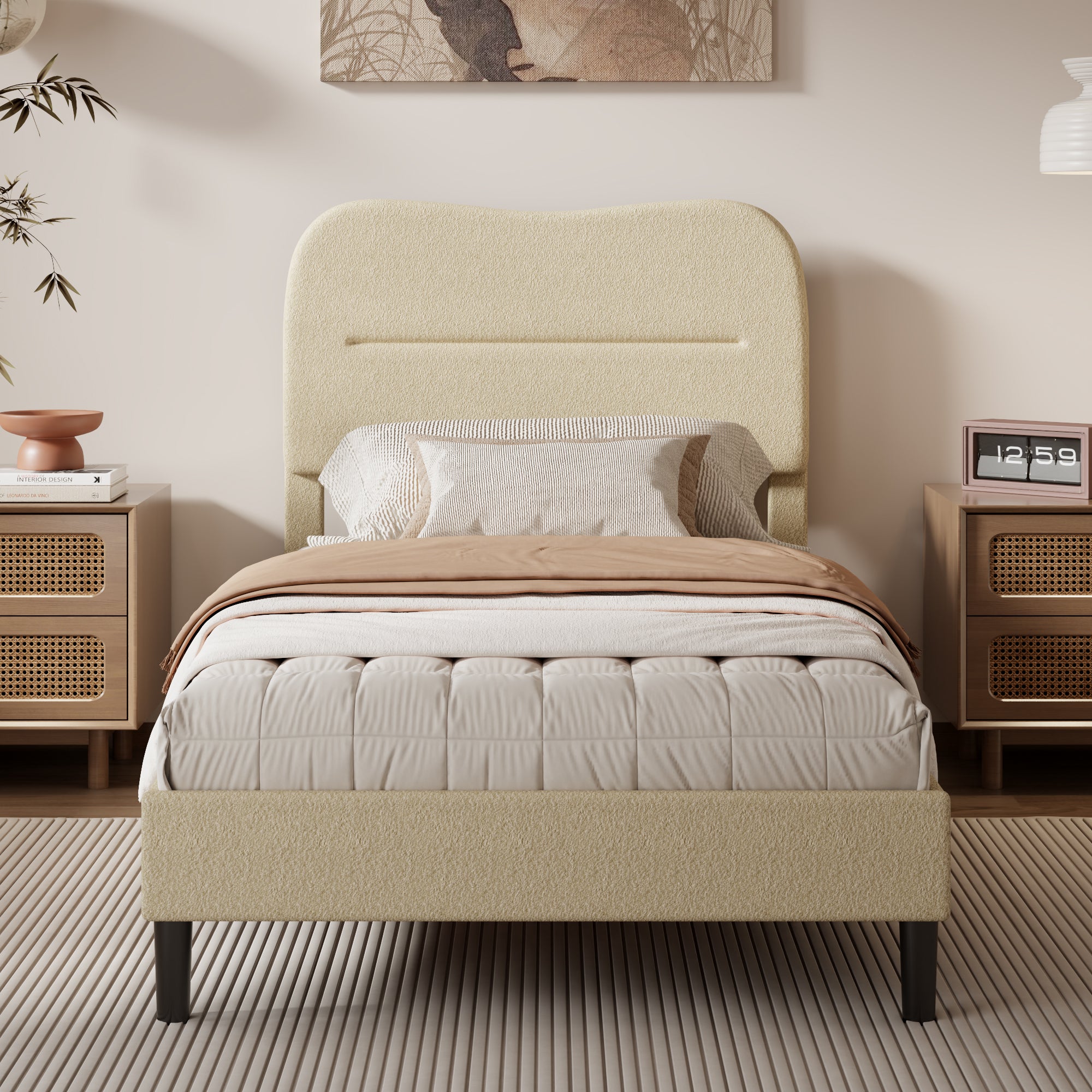 Furnulem Twin Bed Frames with Headboard Upholstered Bed Frame Teddy Soft Boucle Fabric bedframes Soft Cloud Marshmallow Shape Upholstered Headboard