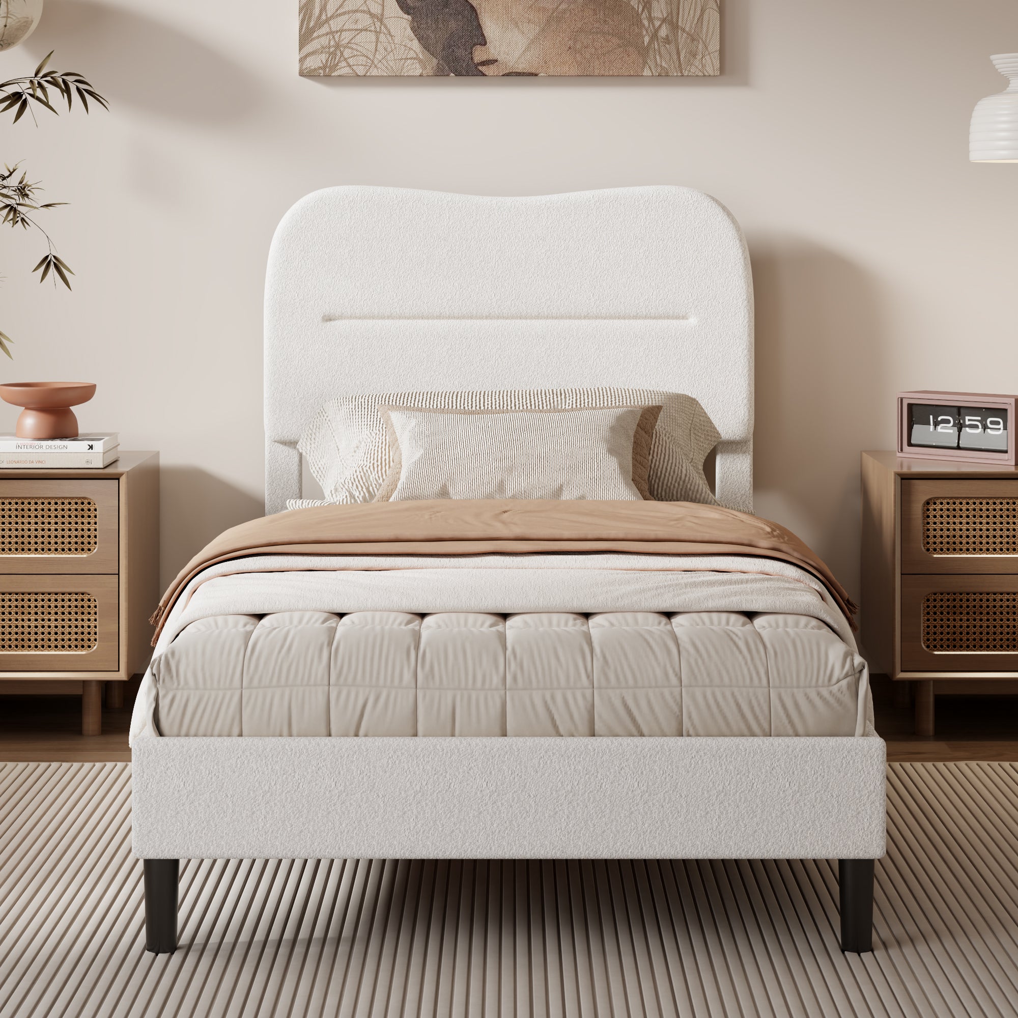 Modern Twin Bed Frame with White Teddy Boucle Upholstered Cloud Headboard Marshmallow Style Wood Slats Noise Free No Box Spring Needed Dorm
