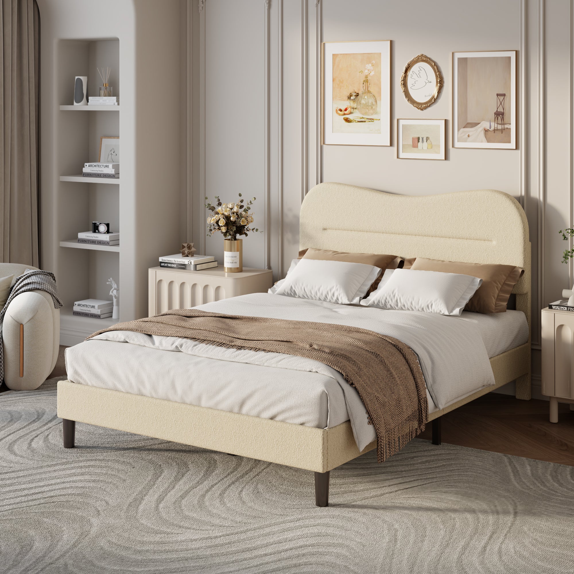 Full Size Upholstered Bed Frame Soft Marshmallow Cloud Headboard Beige Teddy Boucle Fabric Platform Bed Frame No Box Spring Needed Noise Free Design