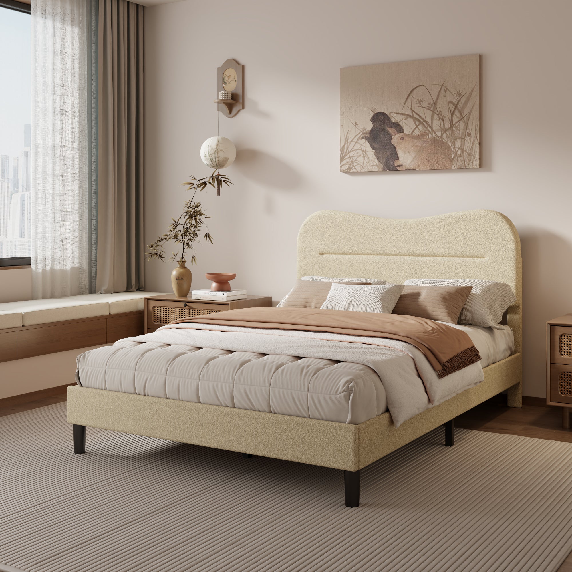 Full Bed Frames Upholstered Full Bed Frame with Arc Headboard Soft Modern Teddy Fleece Fabric Full Size Boucle Bed Frame with No Box Spring Needed