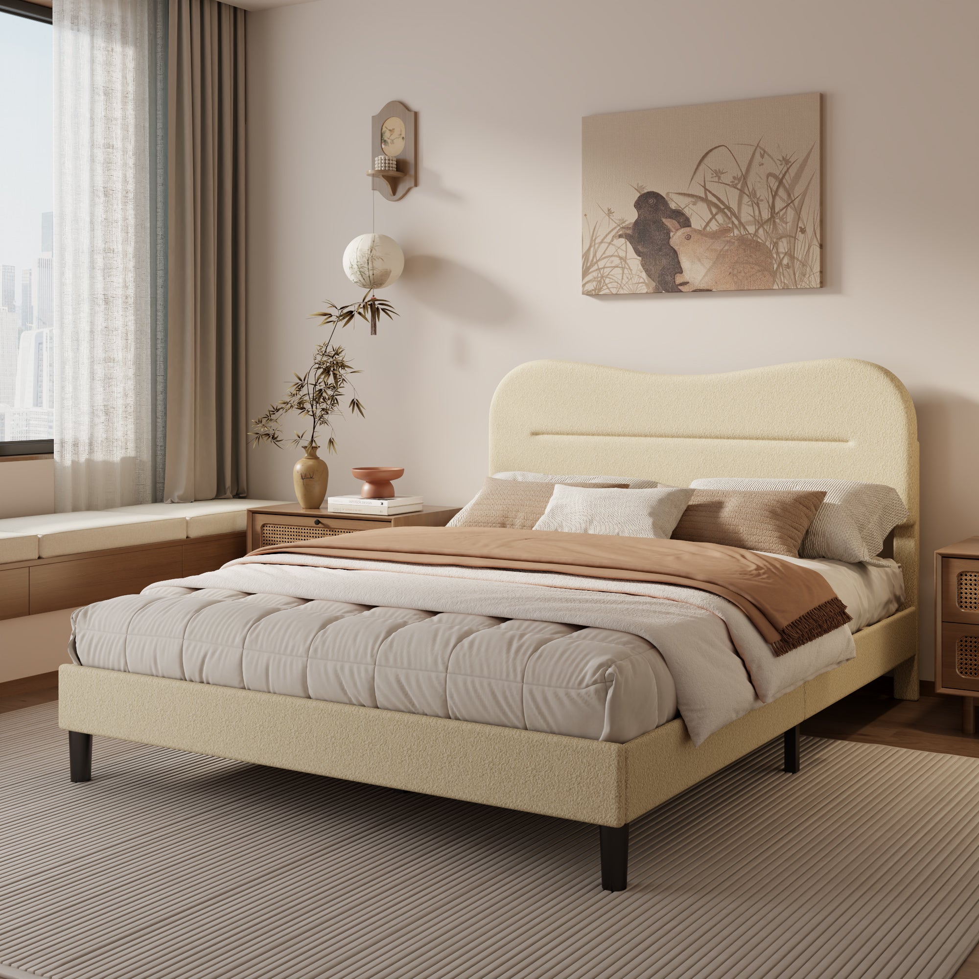 Queen Size Bed Frames with Headboard Upholstered Bed Frame Teddy Soft Boucle Fabric bedframes Soft Cloud Marshmallow Shape Upholstered Headboard