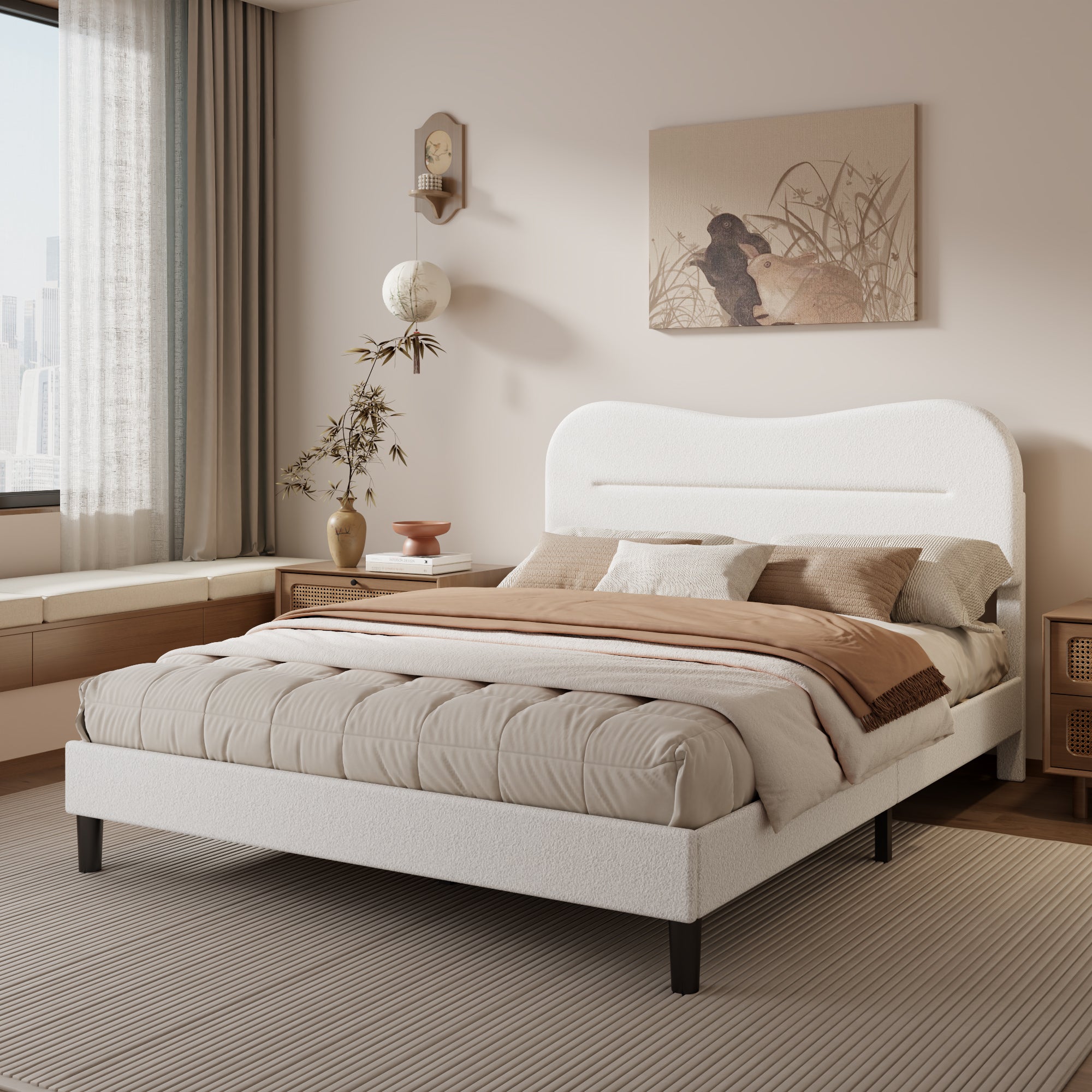 White Queen Size Upholstered Platform Bed Frame Teddy Boucle Soft Cloud Headboard Modern Marshmallow Design No Box Spring Needed Noise Free Support
