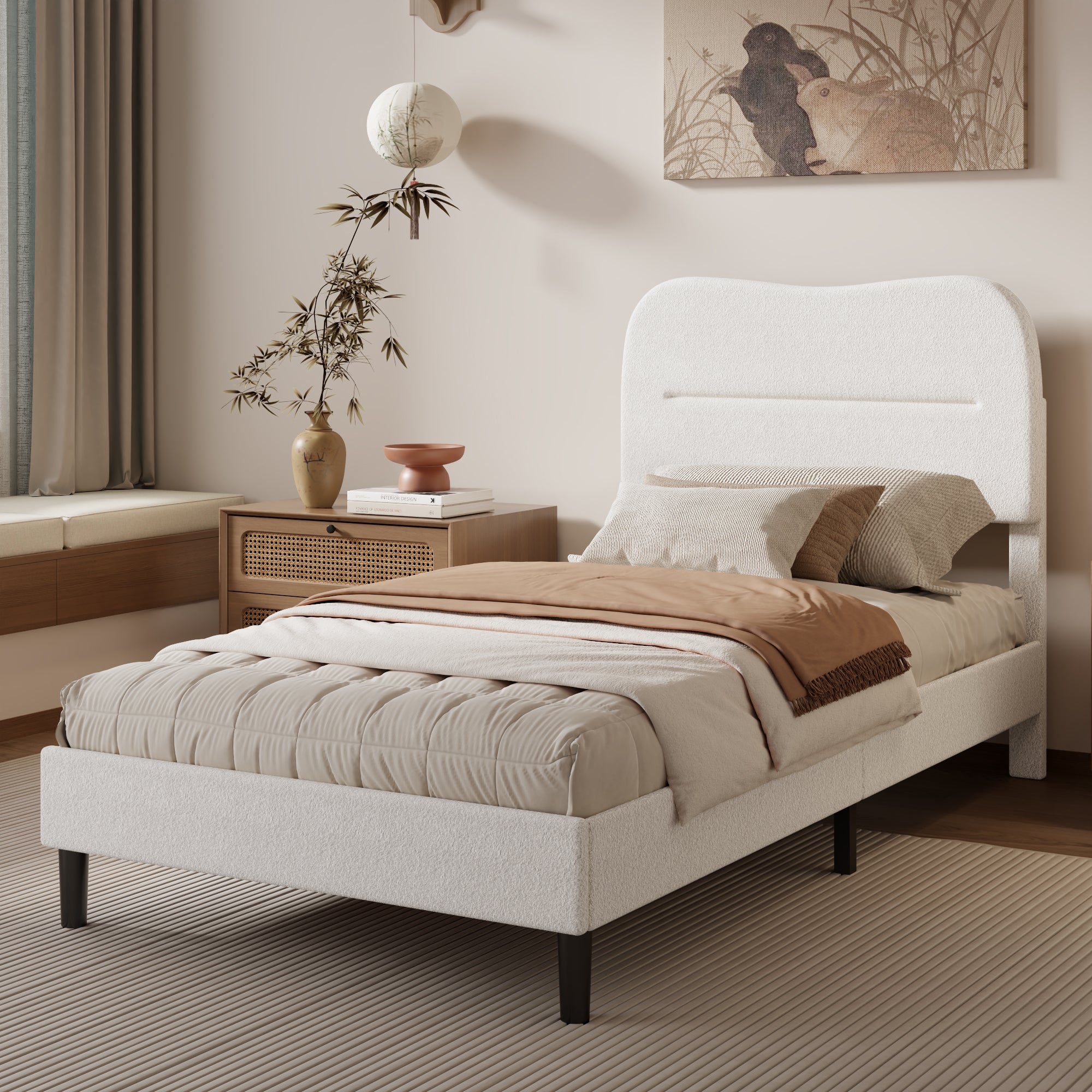 Modern Twin Bed Frame with White Teddy Boucle Upholstered Cloud Headboard Marshmallow Style Wood Slats Noise Free No Box Spring Needed Dorm
