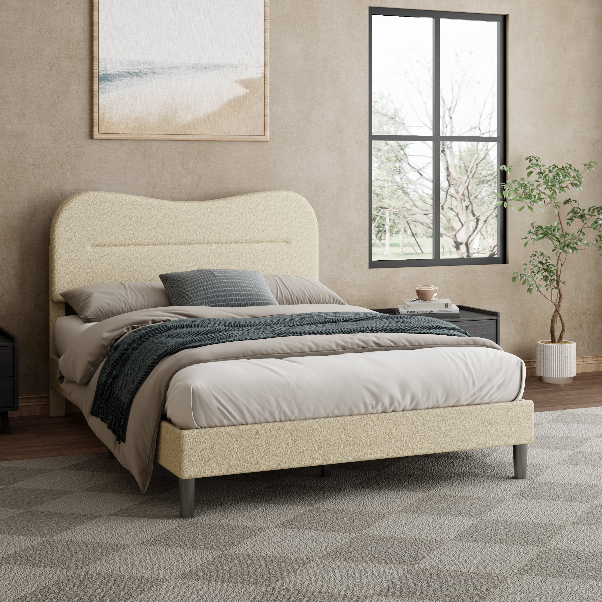 Full Size Upholstered Bed Frame Soft Marshmallow Cloud Headboard Beige Teddy Boucle Fabric Platform Bed Frame No Box Spring Needed Noise Free Design