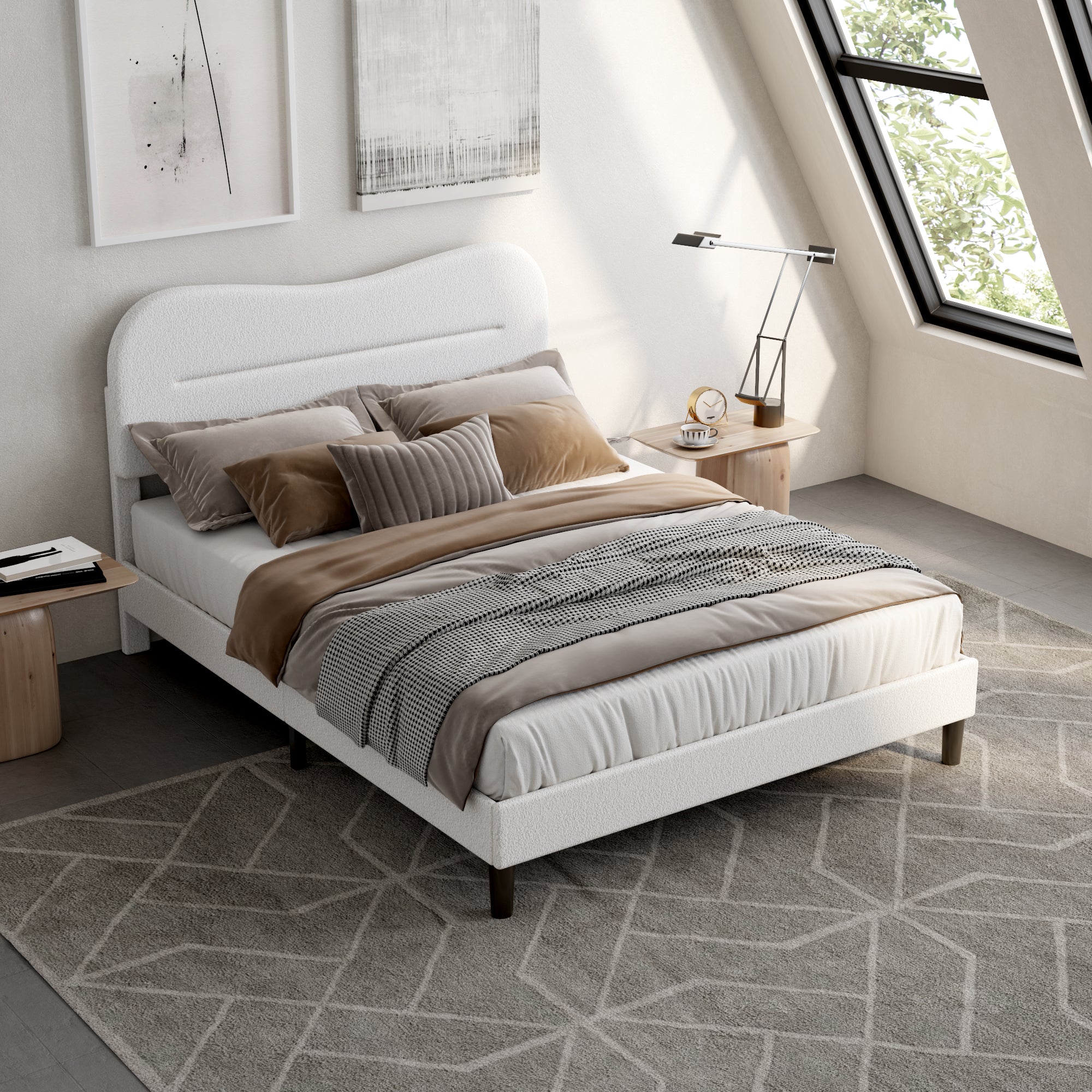 Full Size Bed Frame with Headboard, Teddy Soft Boucle Fabric Bed Frame Full Soft Cloud Marshmallow Shape Upholstered Headboard No Box Spring Needed