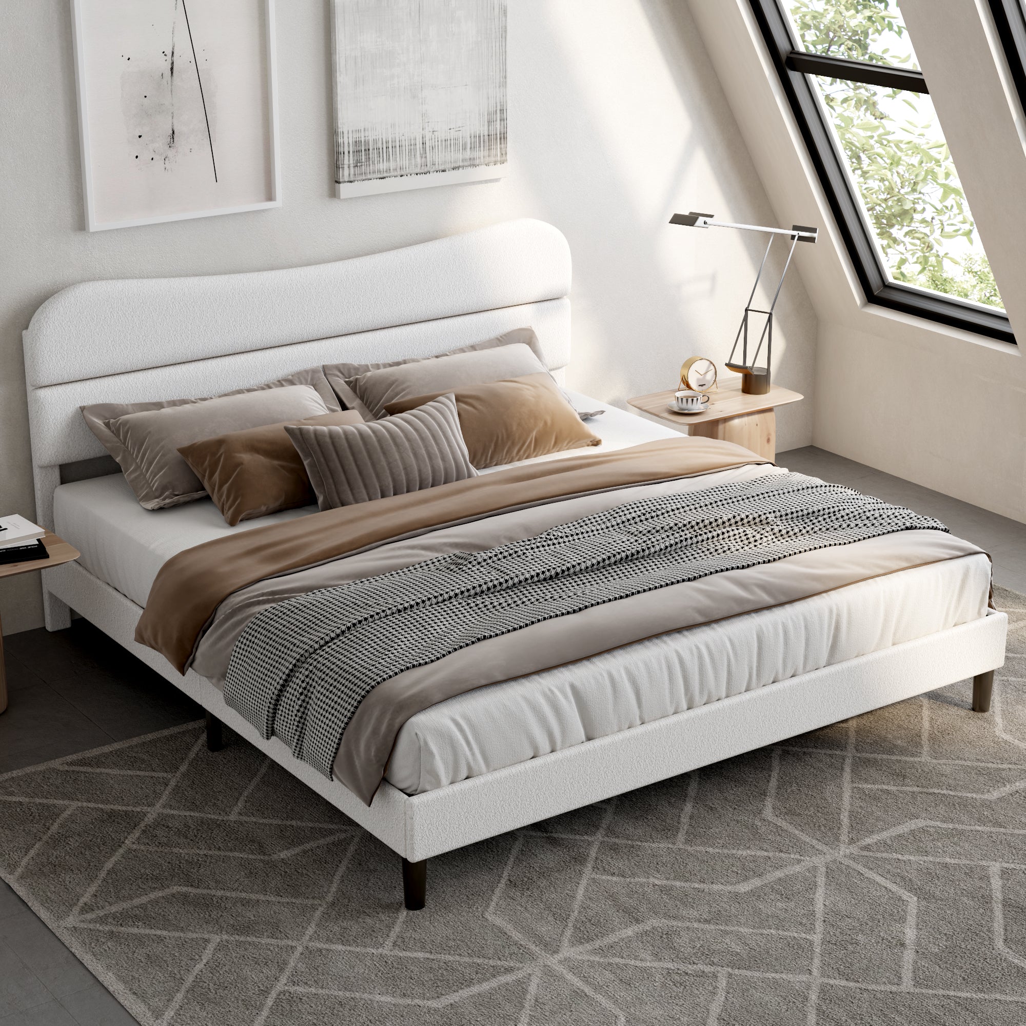 King Bed Frames Upholstered King Bed Frame with Arc Headboard Soft Modern Teddy Fleece Fabric King Size Boucle Bed Frame with No Box Spring Needed