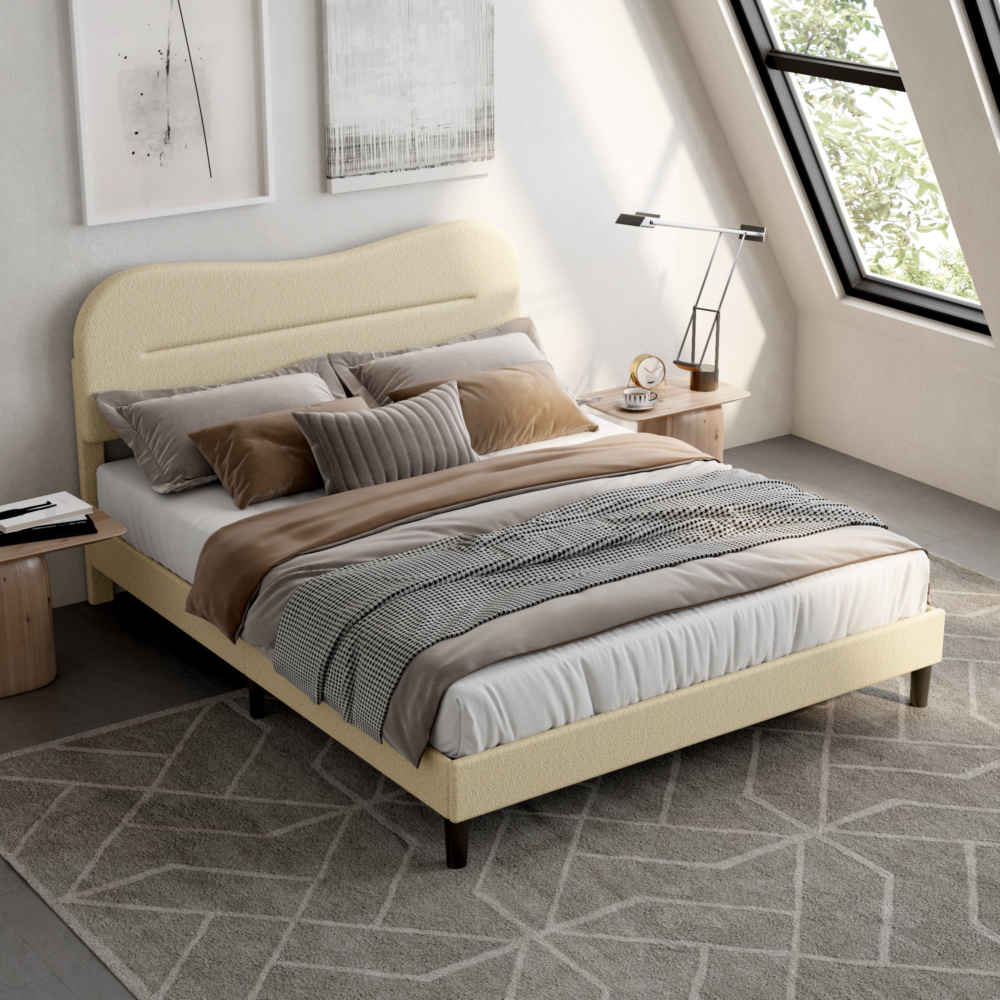 Queen Size Bed Frames with Headboard Upholstered Bed Frame Teddy Soft Boucle Fabric bedframes Soft Cloud Marshmallow Shape Upholstered Headboard