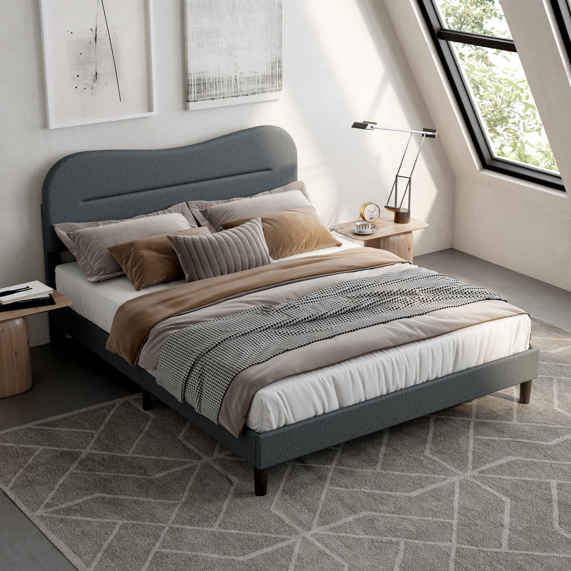 Queen Bed Frames Upholstered Queen Bed Frame with Arc Headboard Soft Modern Teddy Fleece Fabric Queen Size Boucle Bed Frame with No Box Spring Needed