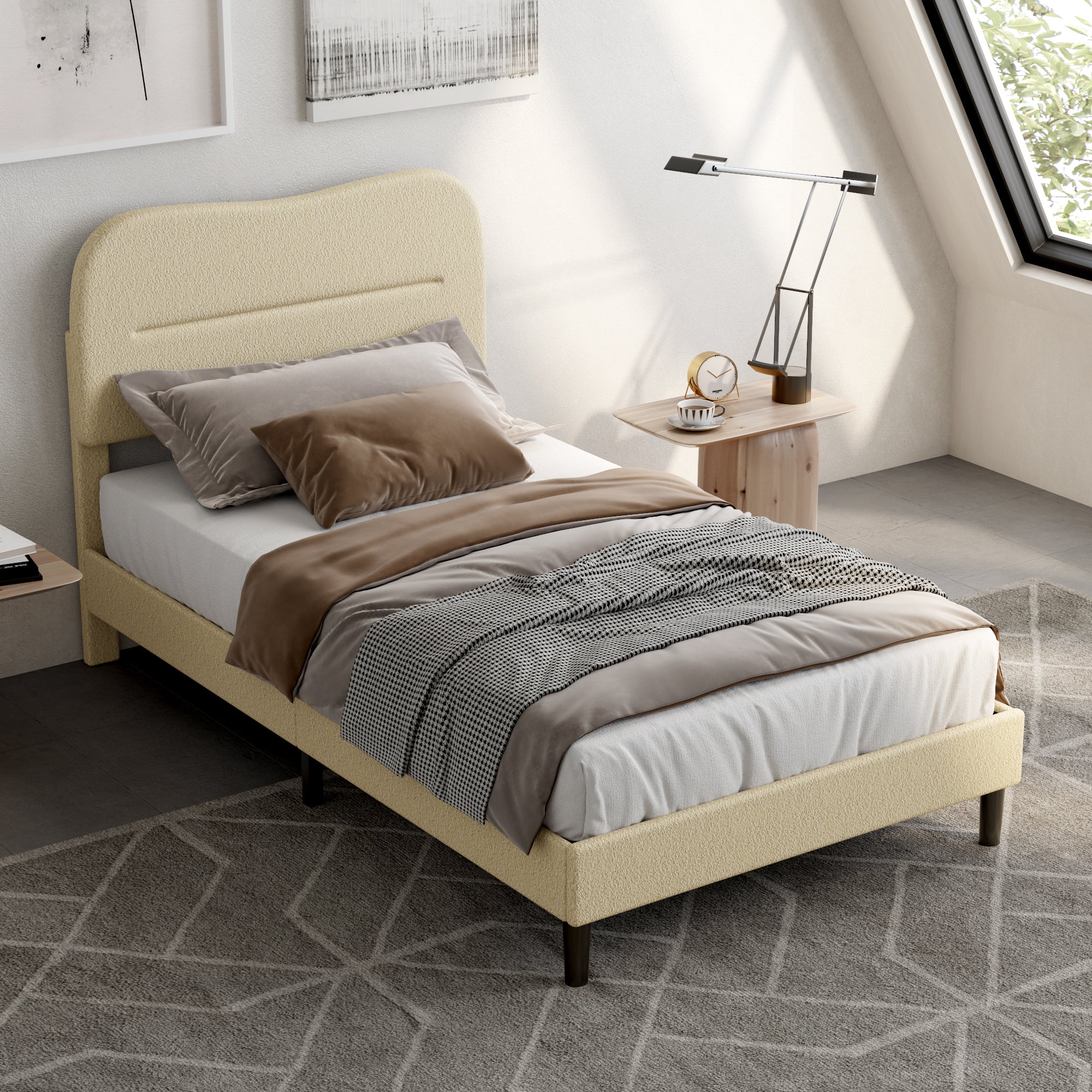 Bed Frame With Teddy Velvet Soft Curved Headboard Platform Bed With Wooden Slats Support Easy Assembly No Box Spring Needed Noise-free