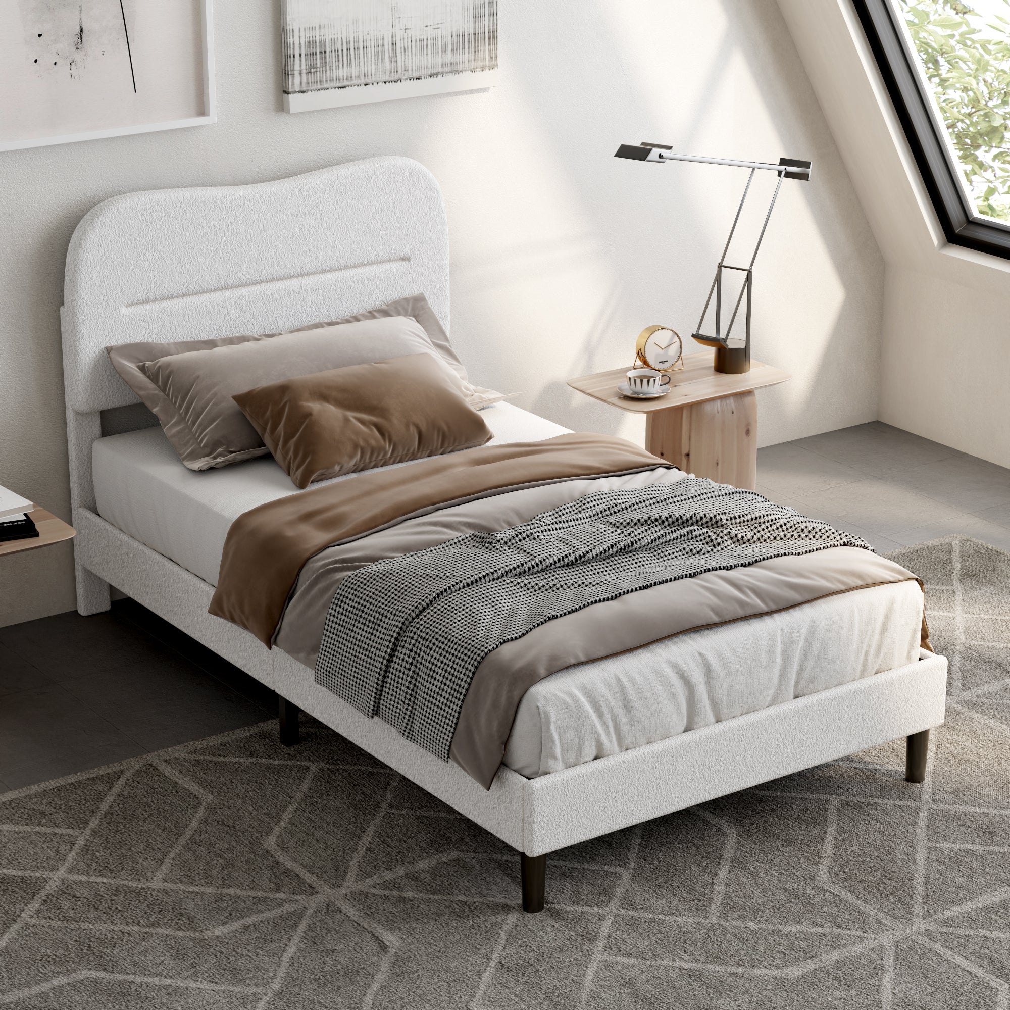 Modern Twin Bed Frame with White Teddy Boucle Upholstered Cloud Headboard Marshmallow Style Wood Slats Noise Free No Box Spring Needed Dorm