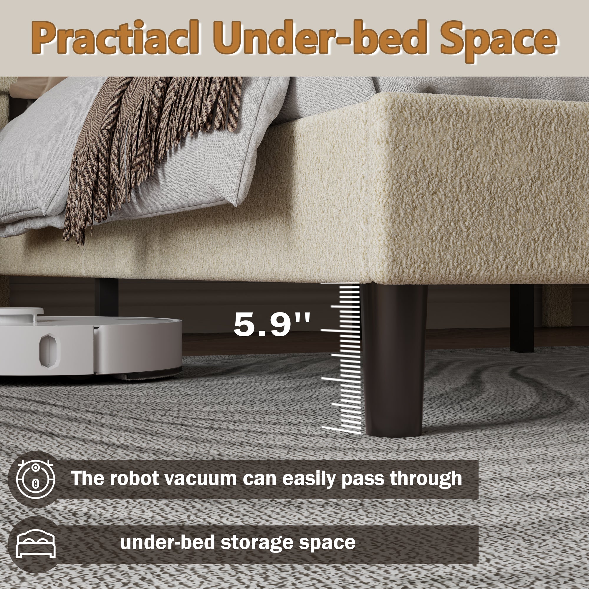 Full Size Upholstered Bed Frame Soft Marshmallow Cloud Headboard Beige Teddy Boucle Fabric Platform Bed Frame No Box Spring Needed Noise Free Design