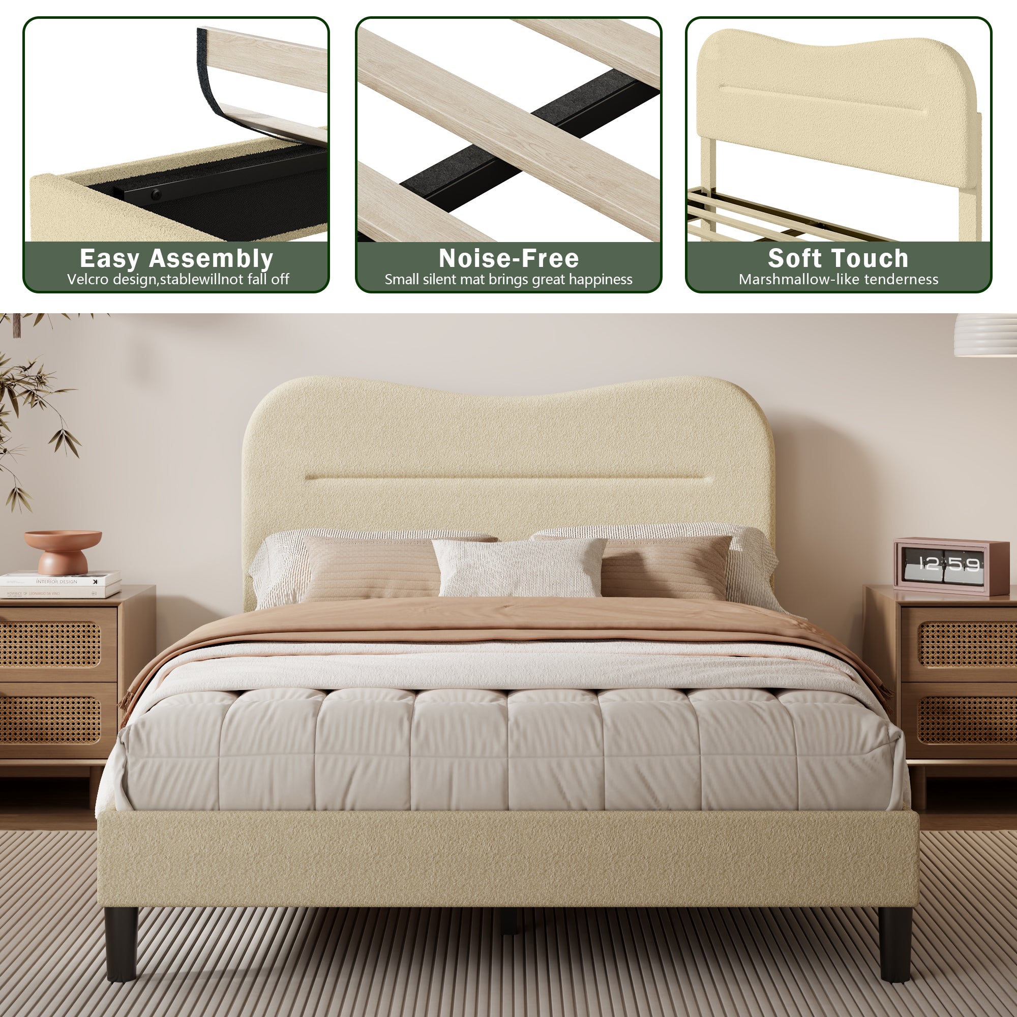 Full Size Bed Frames with Headboard Upholstered Bed Frame Teddy Soft Boucle Fabric bedframes Soft Cloud Marshmallow Shape Upholstered Headboard