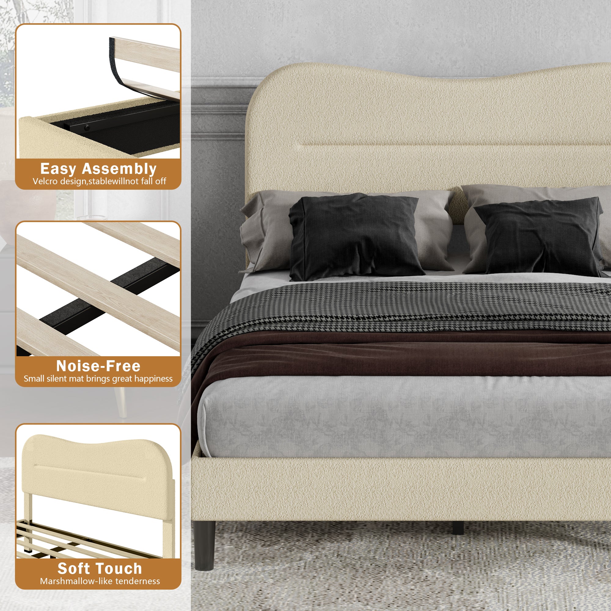 Full Size Upholstered Bed Frame Soft Marshmallow Cloud Headboard Beige Teddy Boucle Fabric Platform Bed Frame No Box Spring Needed Noise Free Design