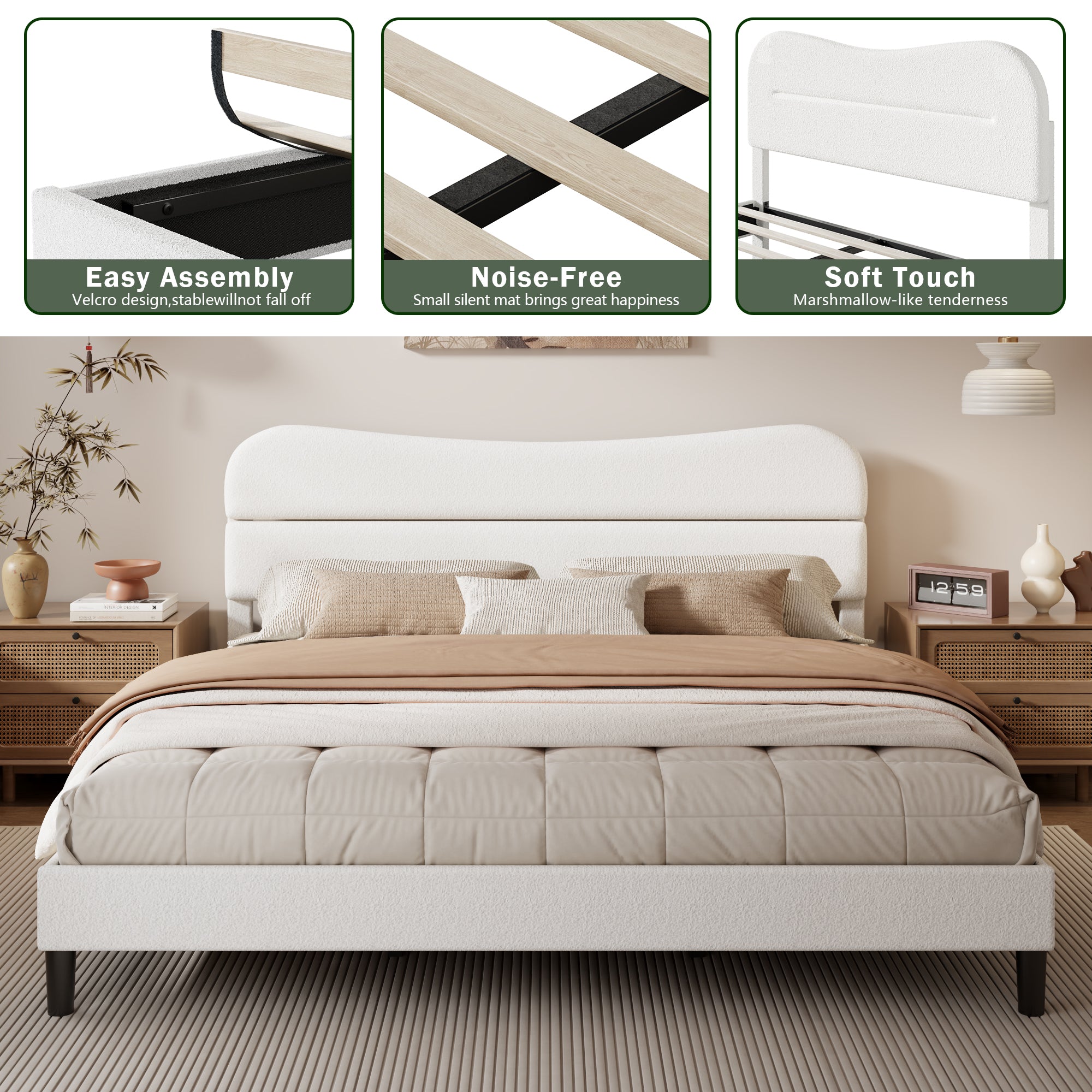 King Bed Frames Upholstered King Bed Frame with Arc Headboard Soft Modern Teddy Fleece Fabric King Size Boucle Bed Frame with No Box Spring Needed