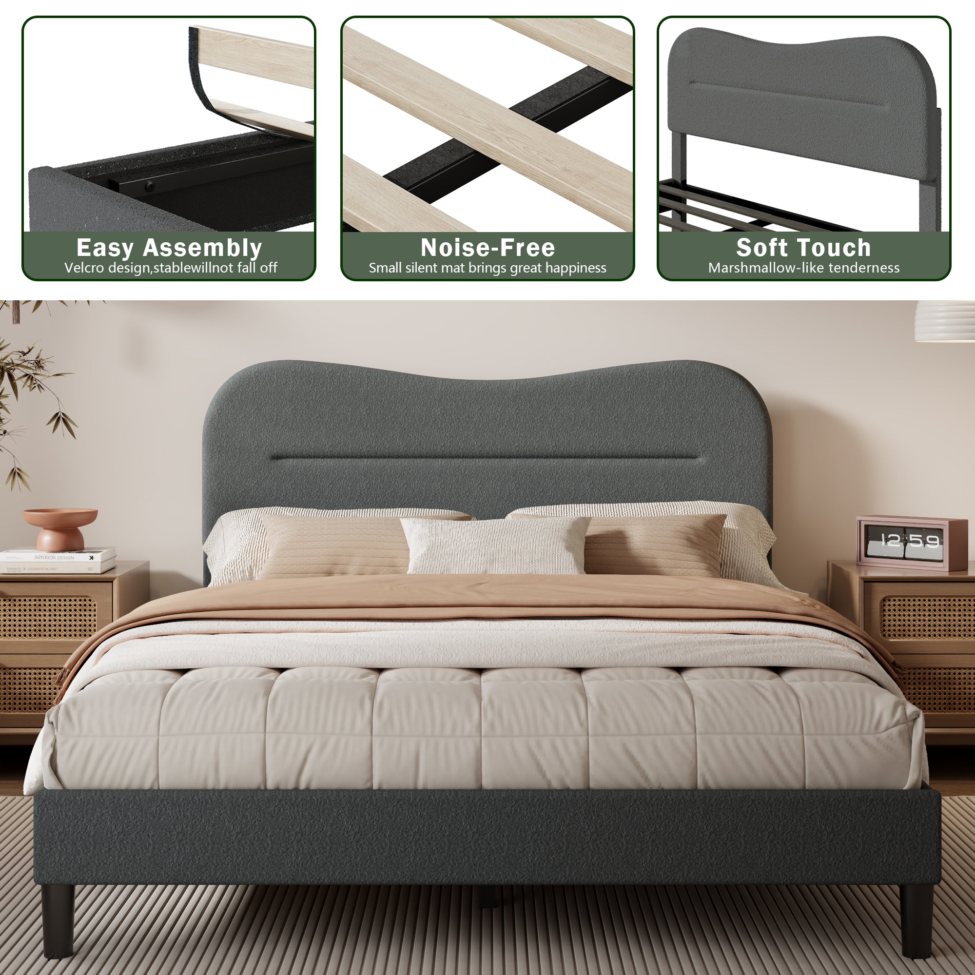 Queen Size Bed Frame with Headboard upholstered Bed Frame Soft Boucle Fabric Soft Cloud Marshmallow Shape Upholstered Headboard No Box Spring Needed