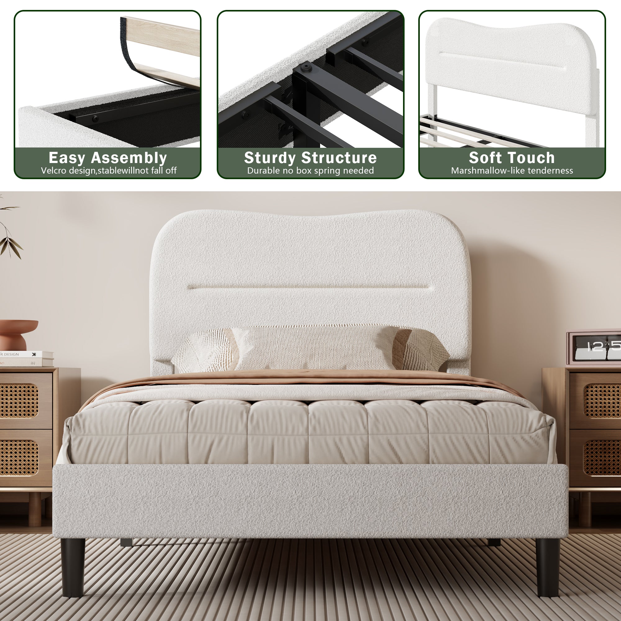 Modern Twin Bed Frame with White Teddy Boucle Upholstered Cloud Headboard Marshmallow Style Wood Slats Noise Free No Box Spring Needed Dorm
