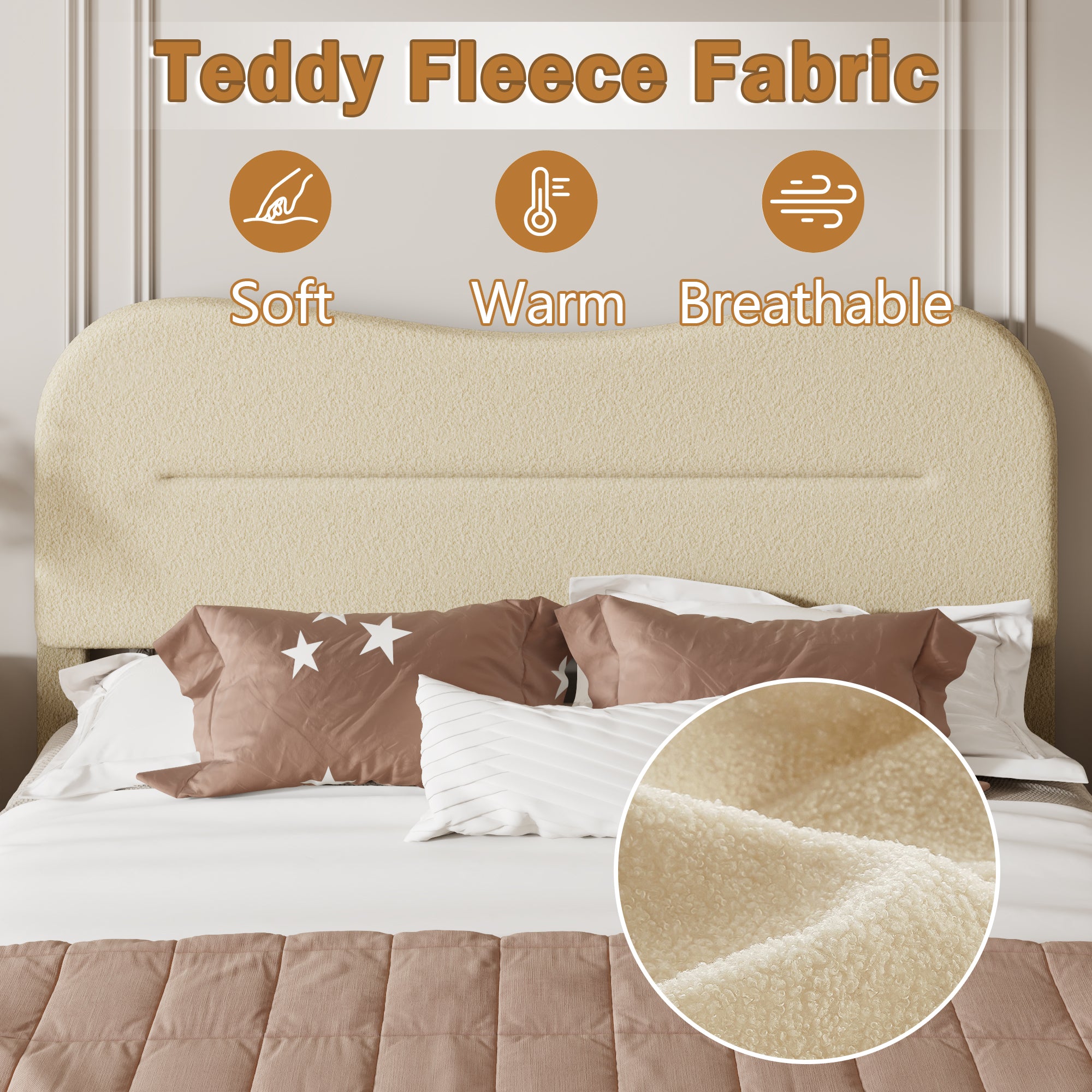 Full Size Upholstered Bed Frame Soft Marshmallow Cloud Headboard Beige Teddy Boucle Fabric Platform Bed Frame No Box Spring Needed Noise Free Design