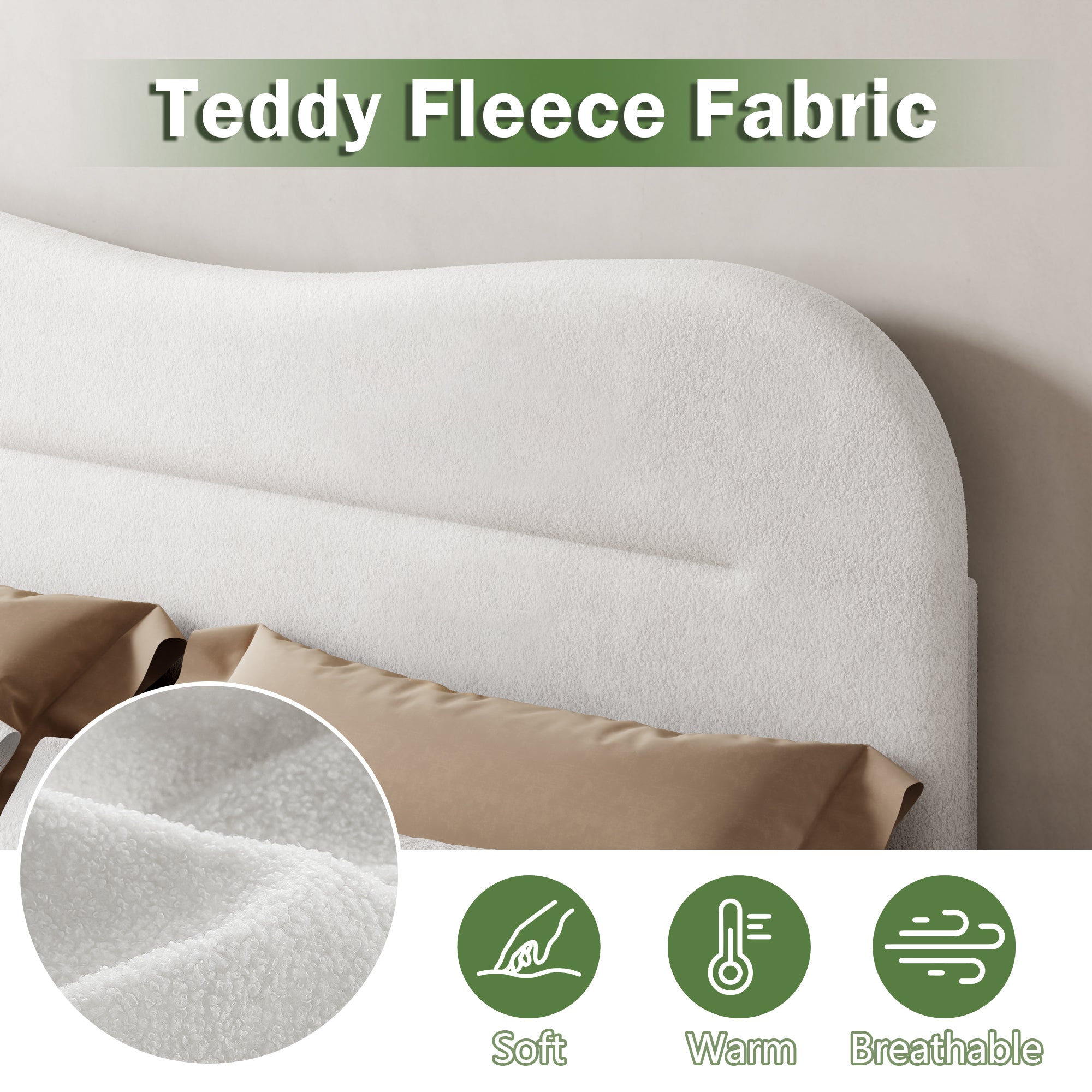 White Queen Size Upholstered Platform Bed Frame Teddy Boucle Soft Cloud Headboard Modern Marshmallow Design No Box Spring Needed Noise Free Support