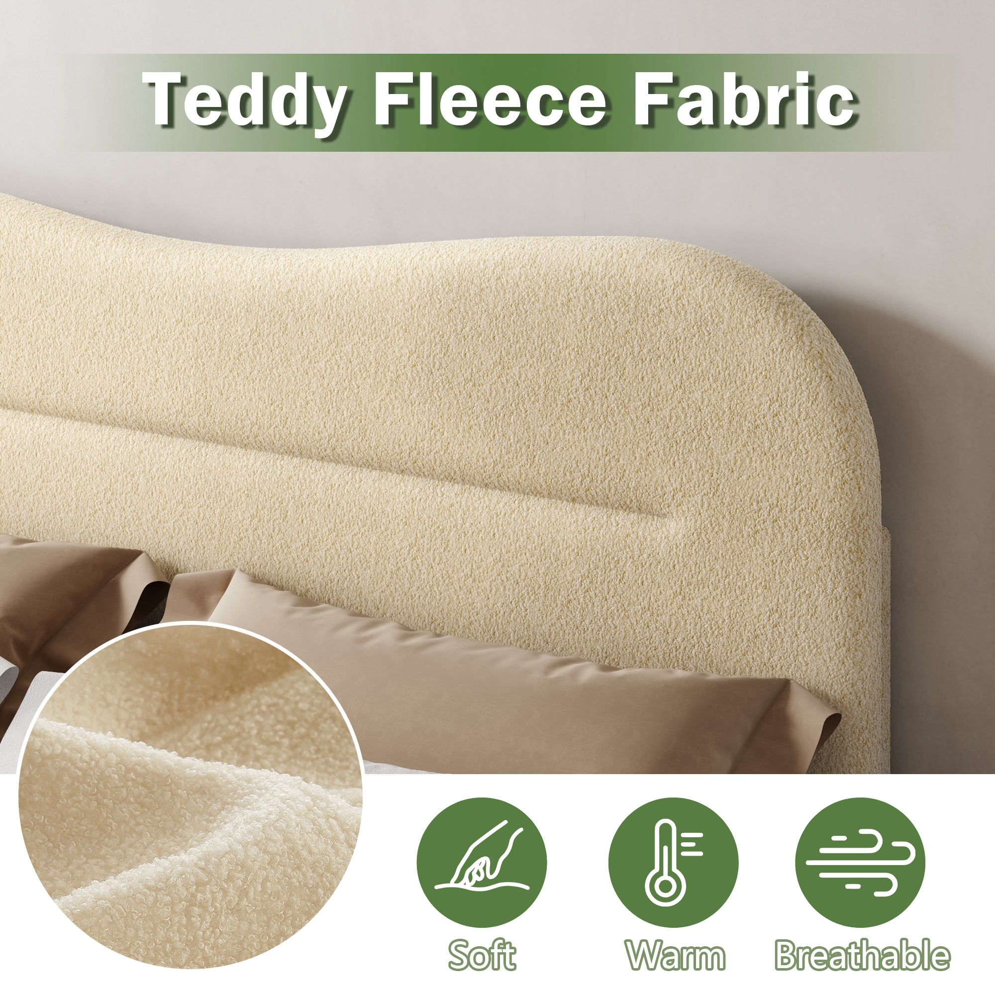 Furnulem Twin Bed Frames with Headboard Upholstered Bed Frame Teddy Soft Boucle Fabric bedframes Soft Cloud Marshmallow Shape Upholstered Headboard