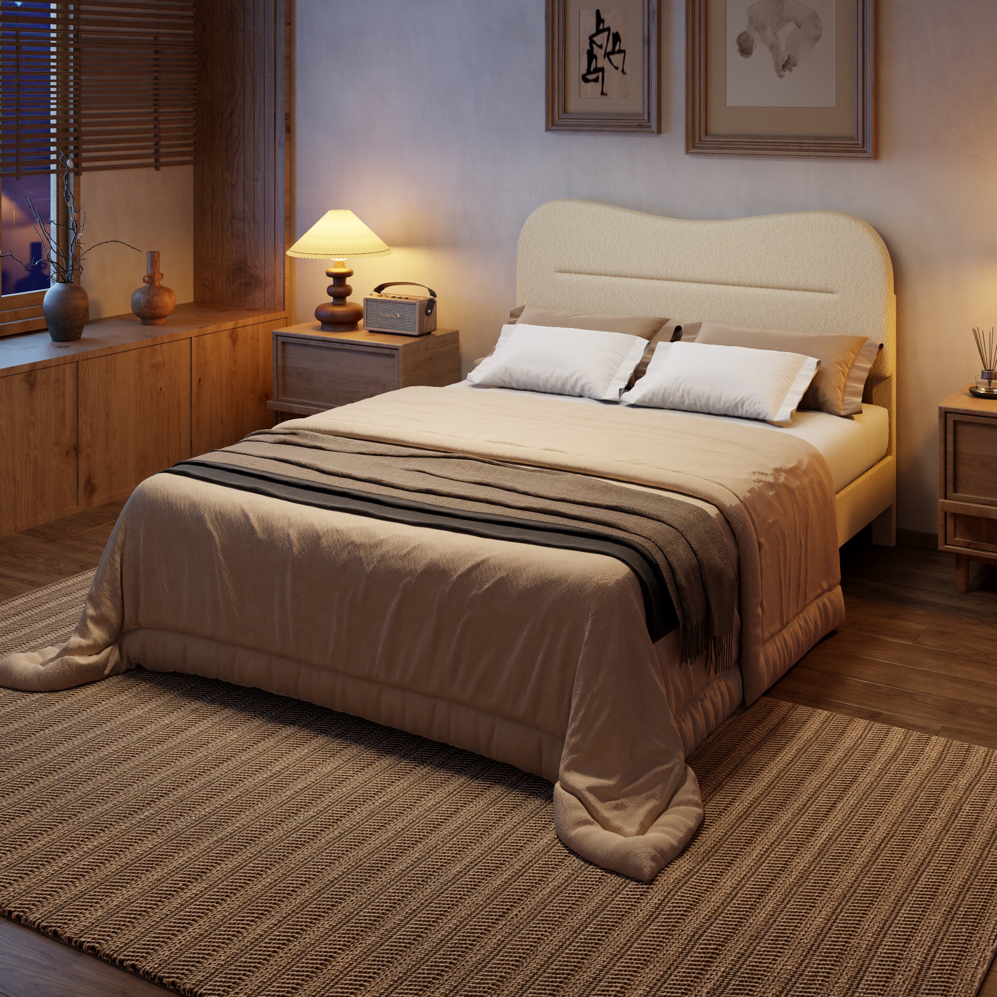 Full Bed Frames Upholstered Full Bed Frame with Arc Headboard Soft Modern Teddy Fleece Fabric Full Size Boucle Bed Frame with No Box Spring Needed