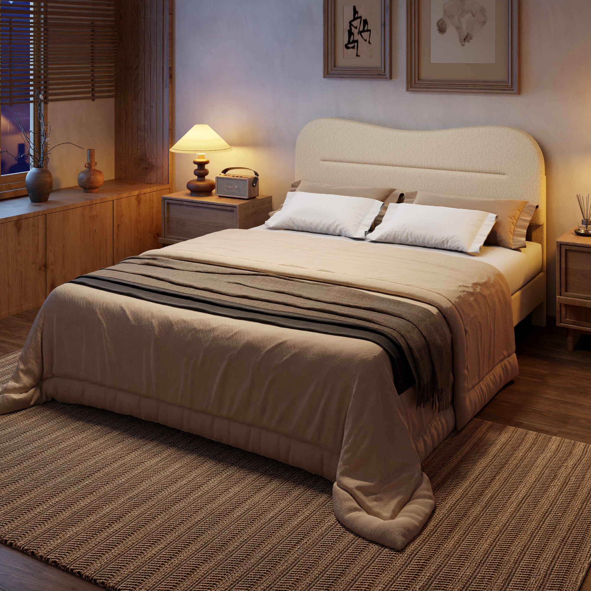 Queen Bed Frames Upholstered Queen Bed Frame with Arc Headboard Soft Modern Teddy Fleece Fabric Queen Size Boucle Bed Frame with No Box Spring Needed