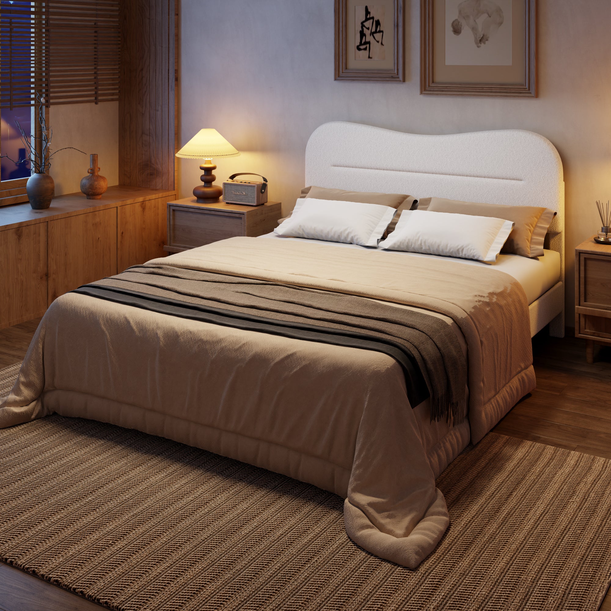 Queen Bed Frames Upholstered Queen Bed Frame with Arc Headboard Soft Modern Teddy Fleece Fabric Queen Size Boucle Bed Frame with No Box Spring Needed