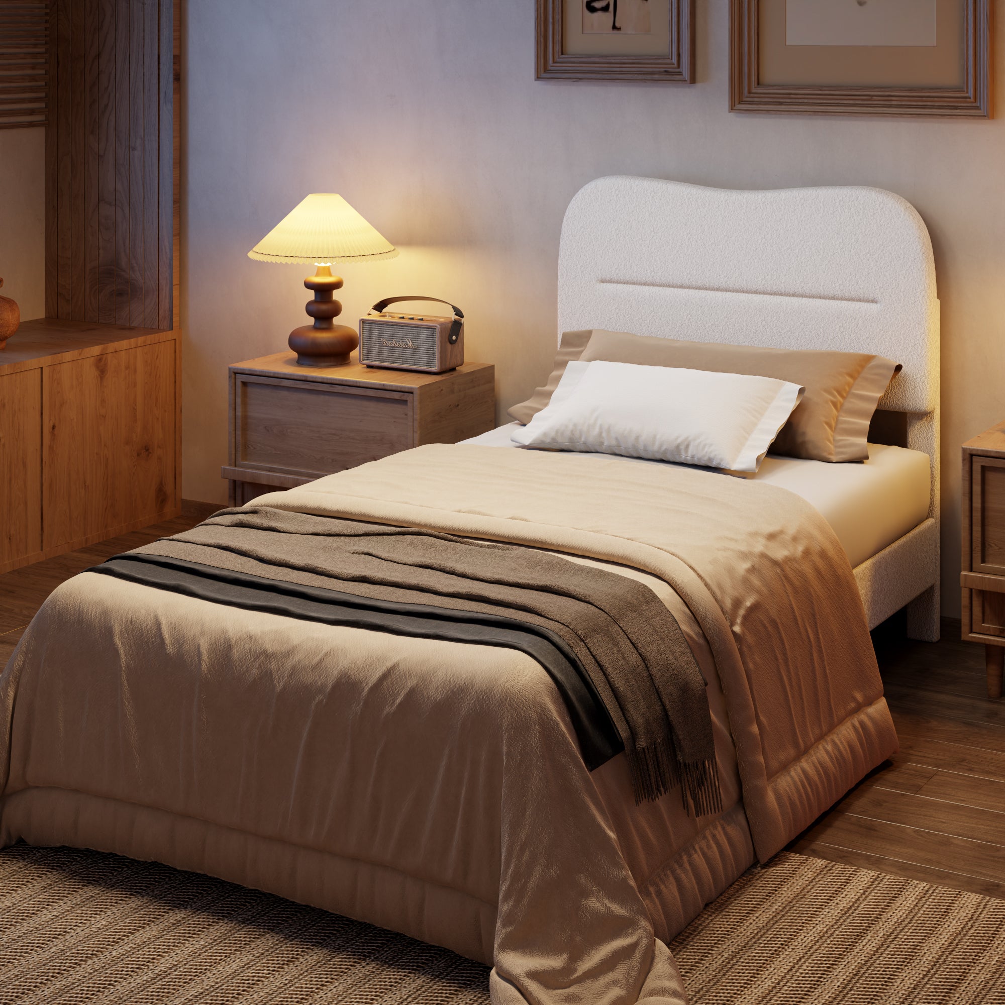 Twin Bed Frames Upholstered Twin Bed Frame with Arc Headboard Soft Modern Teddy Fleece Fabric Twin Size Boucle Bed Frame with No Box Spring Needed