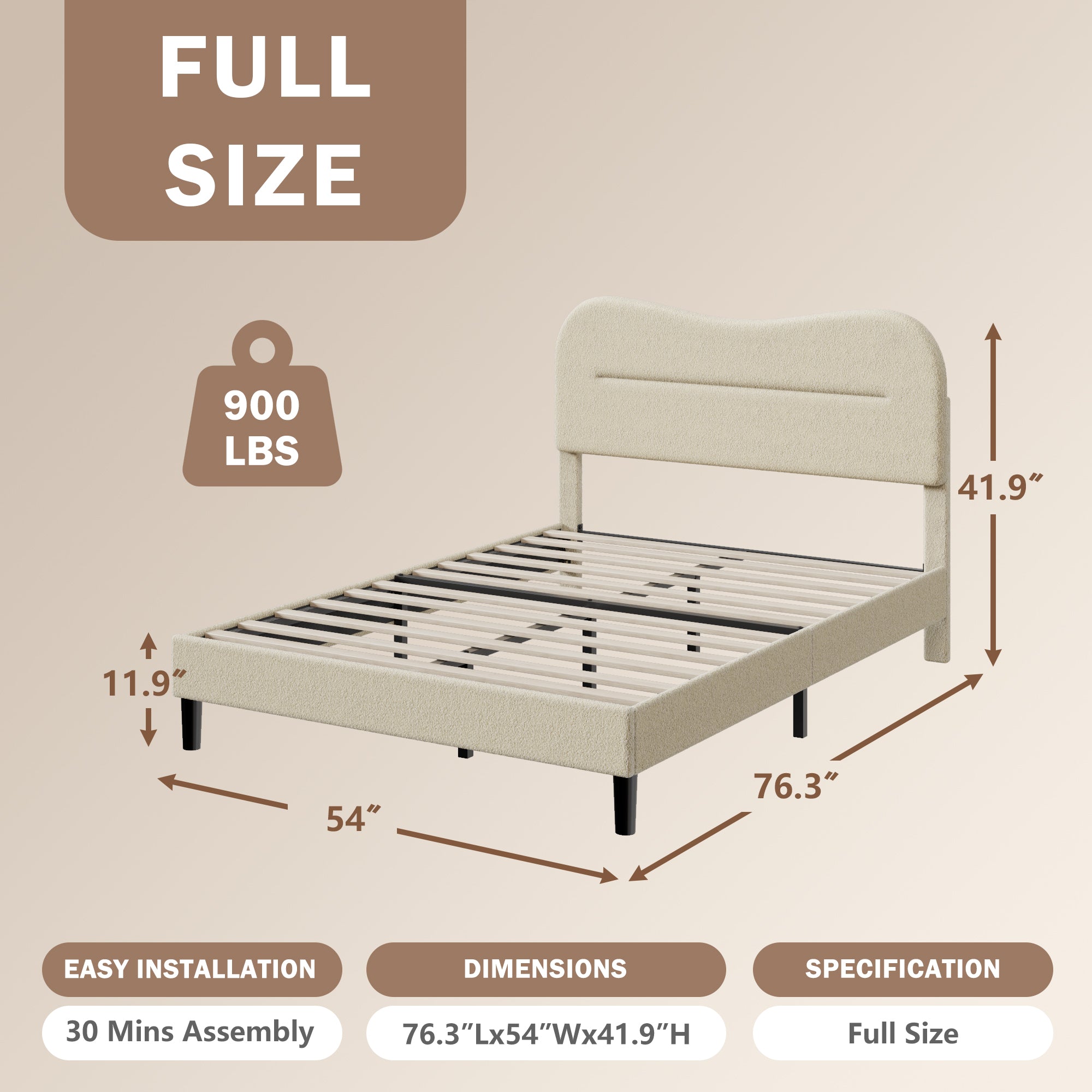 Full Size Upholstered Bed Frame Soft Marshmallow Cloud Headboard Beige Teddy Boucle Fabric Platform Bed Frame No Box Spring Needed Noise Free Design