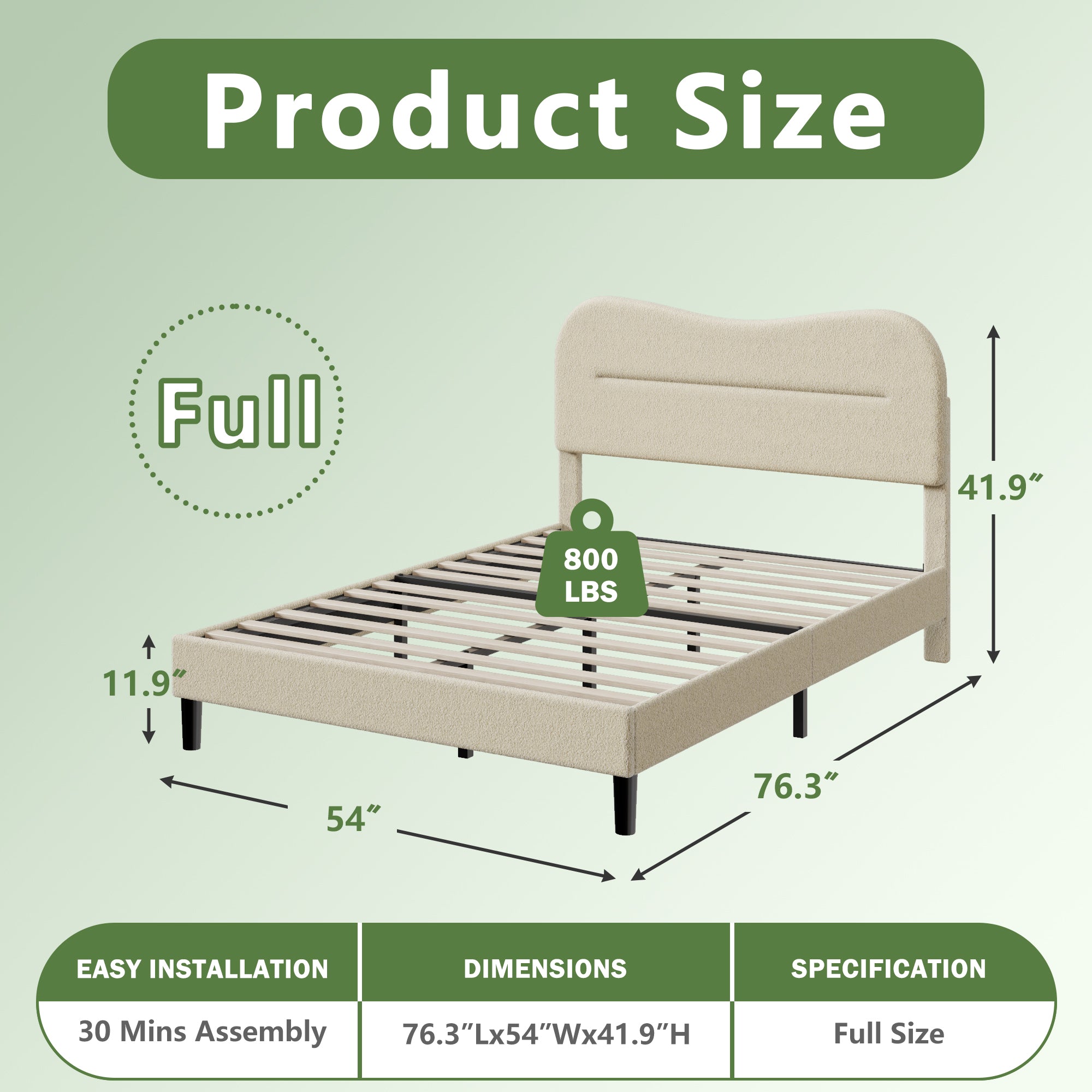 Full Bed Frames Upholstered Full Bed Frame with Arc Headboard Soft Modern Teddy Fleece Fabric Full Size Boucle Bed Frame with No Box Spring Needed