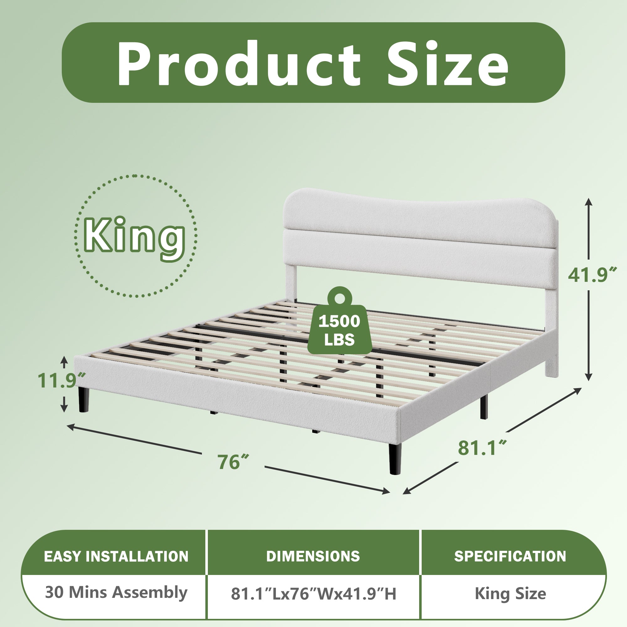 King Bed Frames Upholstered King Bed Frame with Arc Headboard Soft Modern Teddy Fleece Fabric King Size Boucle Bed Frame with No Box Spring Needed