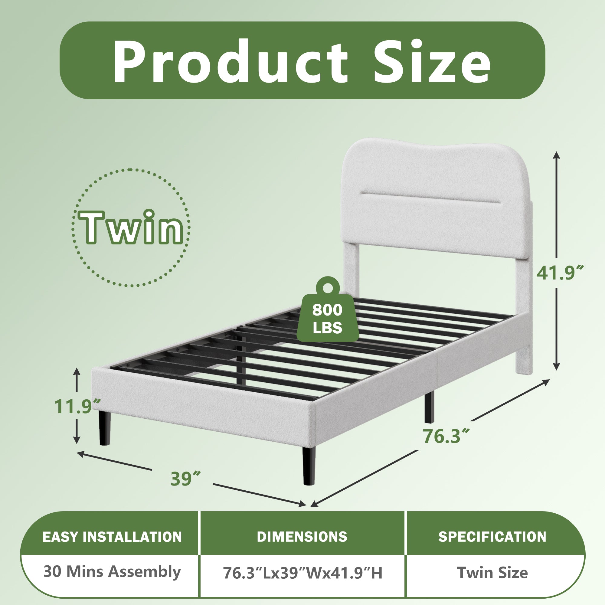 Modern Twin Bed Frame with White Teddy Boucle Upholstered Cloud Headboard Marshmallow Style Wood Slats Noise Free No Box Spring Needed Dorm