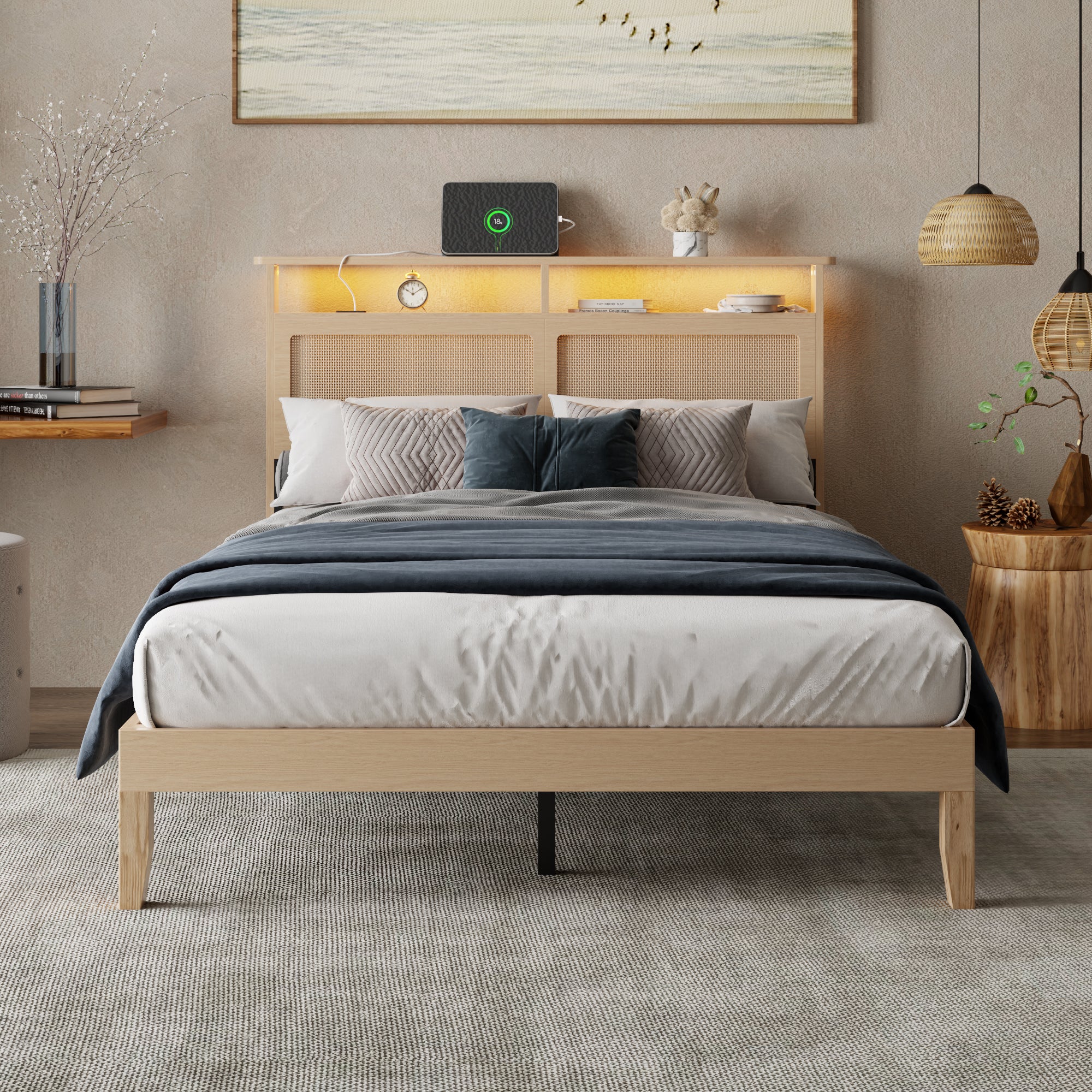 Qwatto Boho Rattan Full Bed Frame Natural Wood with LED Lights Charging Station Storage Headboard Platform Bed No Box Spring Modern Bedroom