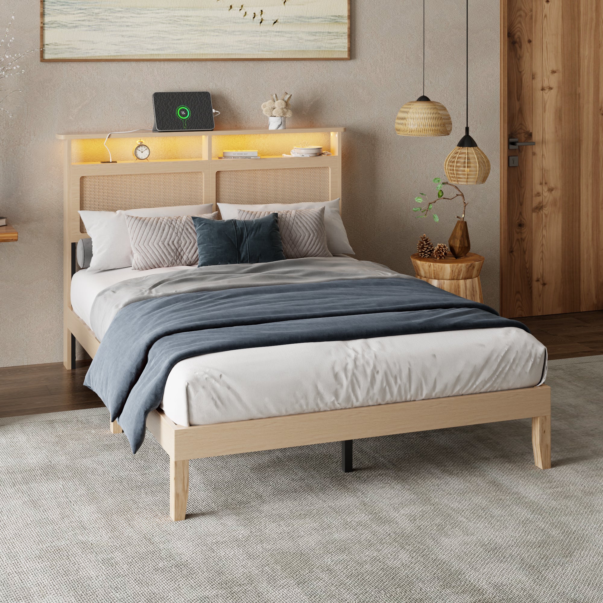 Qwatto Boho Rattan Full Bed Frame Natural Wood with LED Lights Charging Station Storage Headboard Platform Bed No Box Spring Modern Bedroom